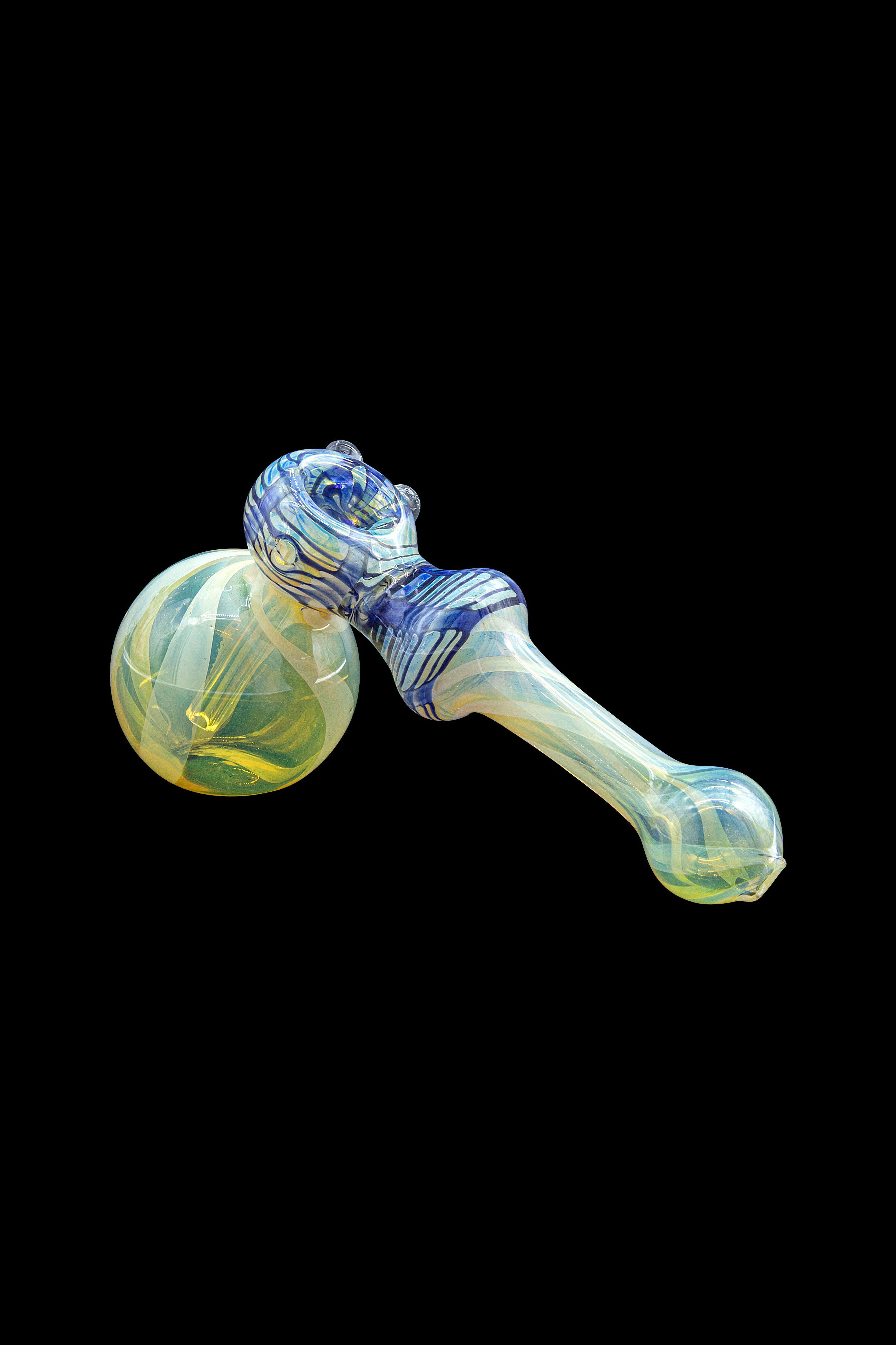 Handblown glass pipe with blue and green swirls.