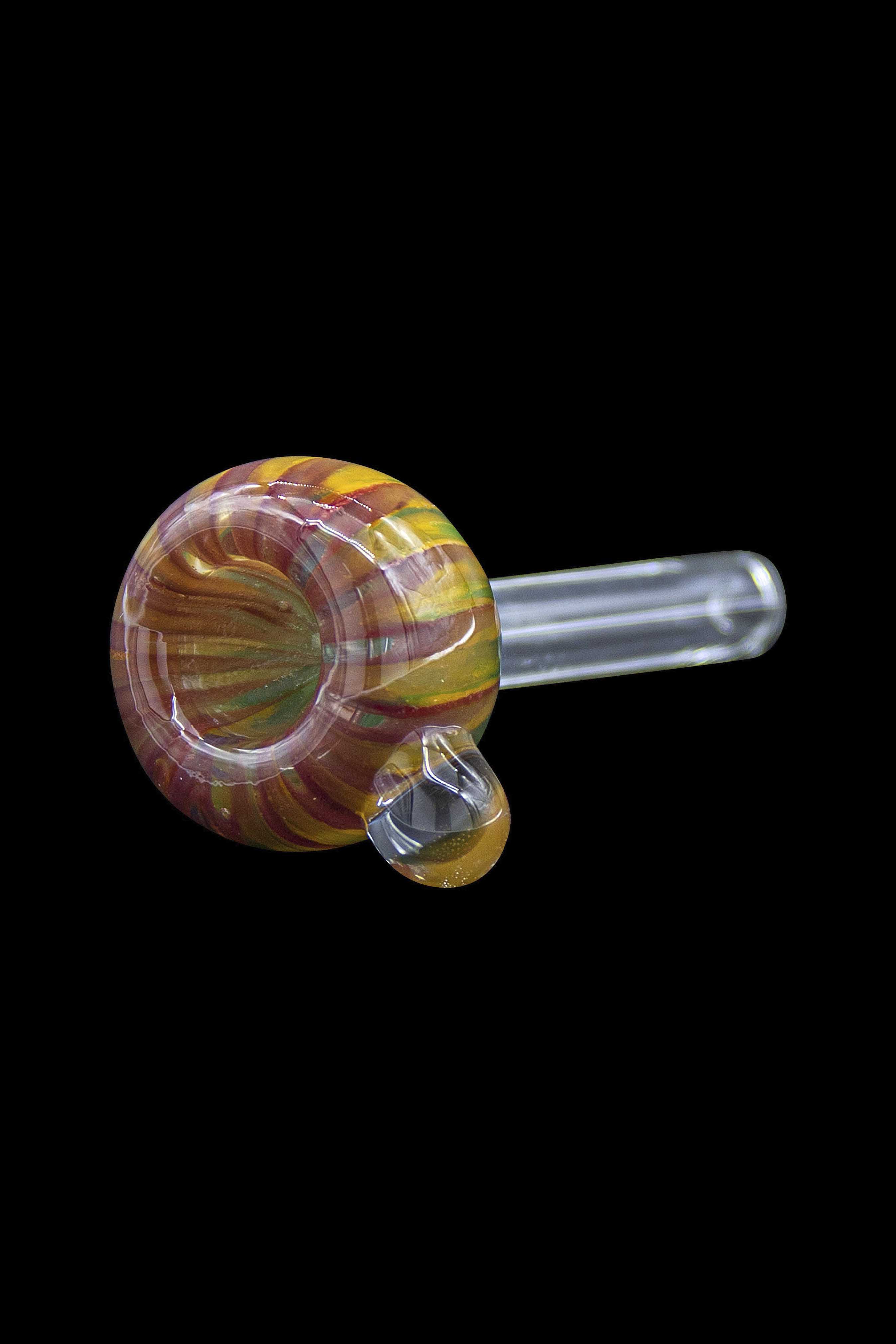 Hand-blown glass cannabis pipe with swirling orange and green hues.