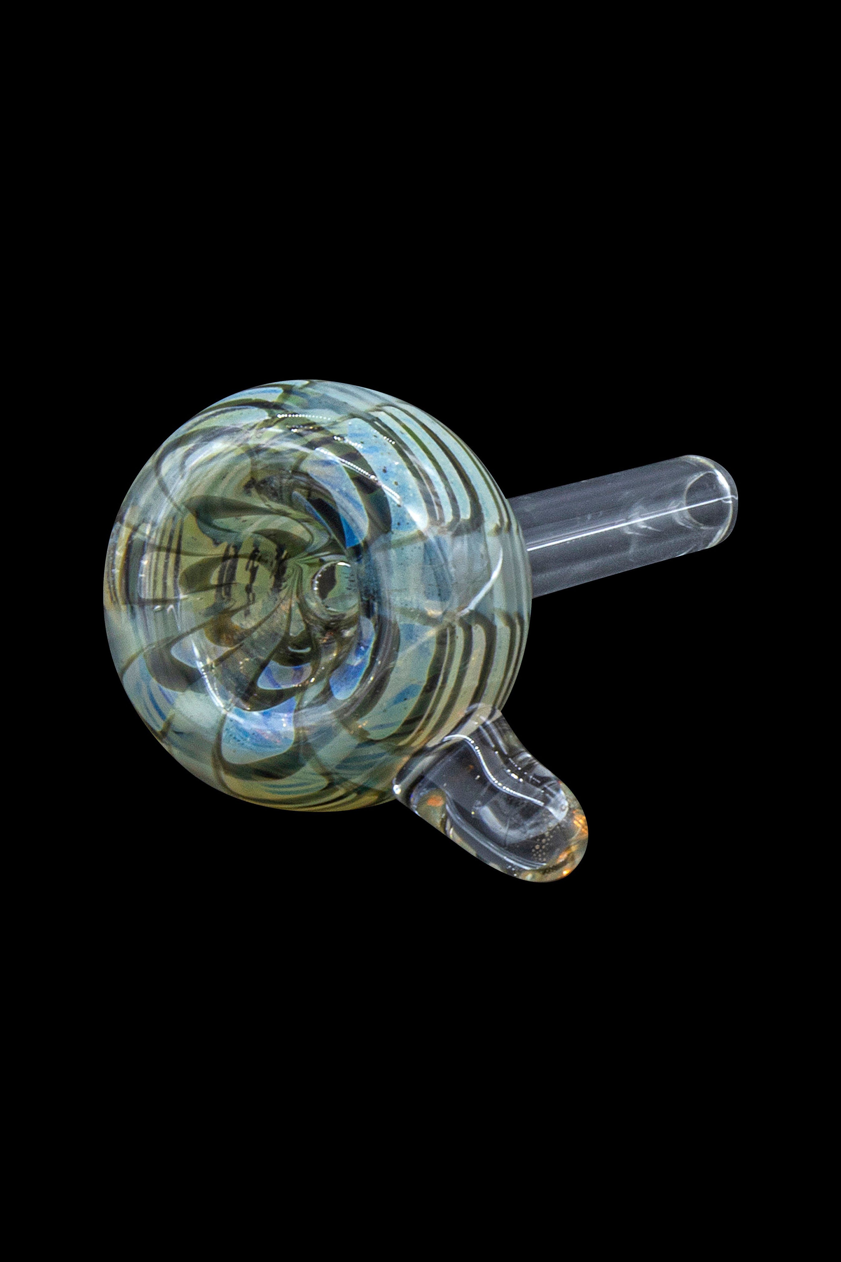 Hand-blown glass cannabis pipe with swirling blue and green patterns.