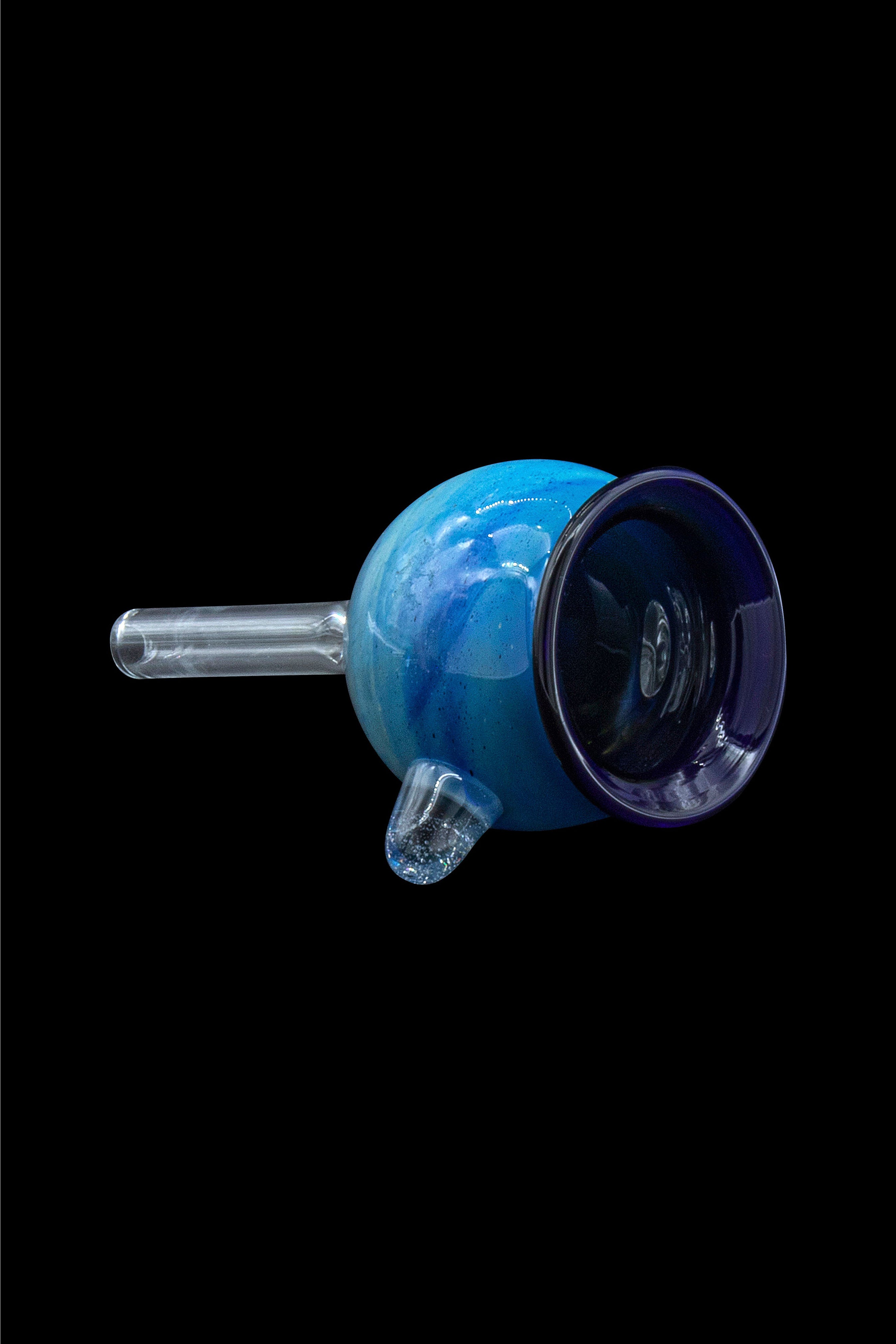 Blue glass bubbler with clear mouthpiece and stem, isolated on black.