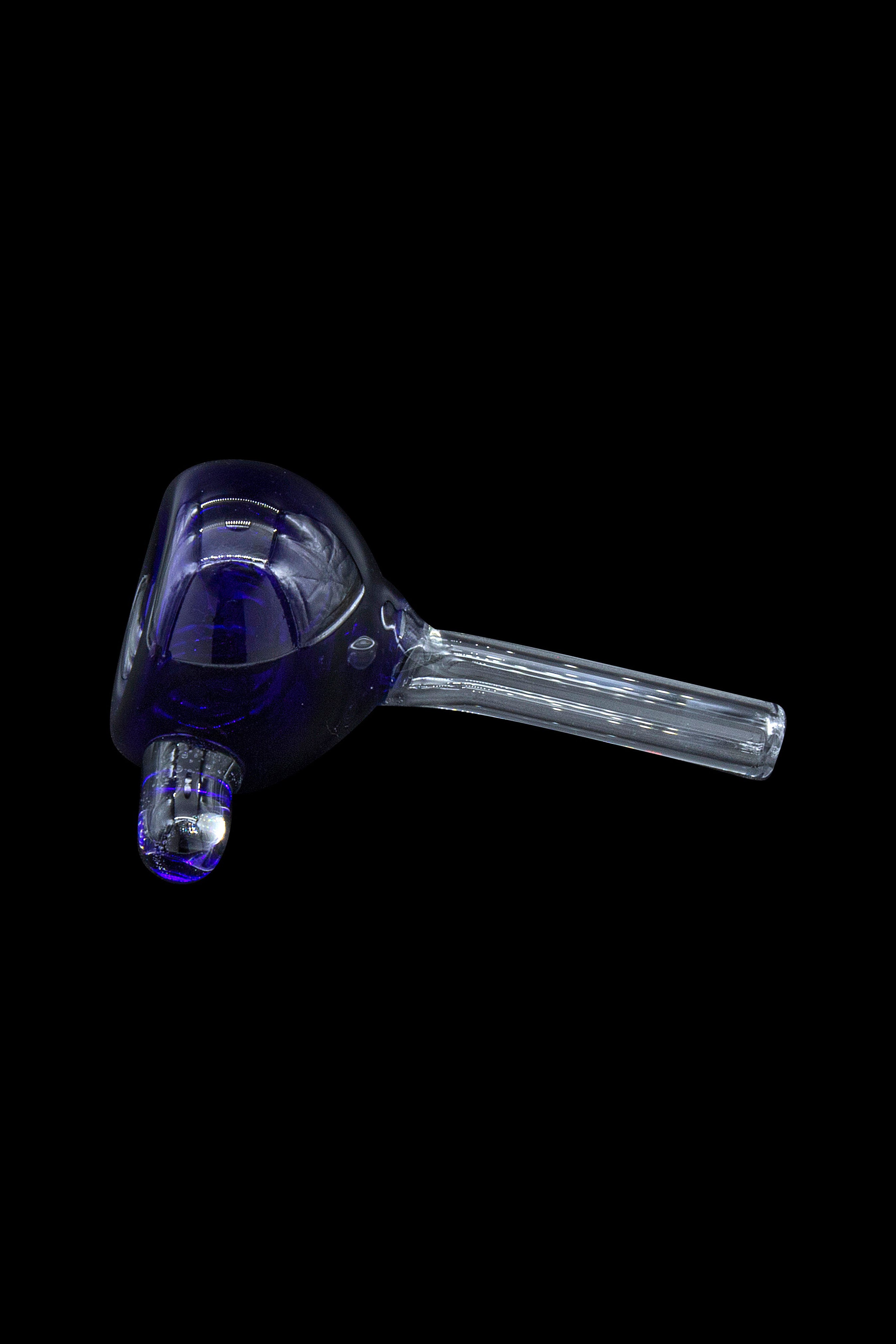 Purple glass cannabis pipe with a clear mouthpiece.