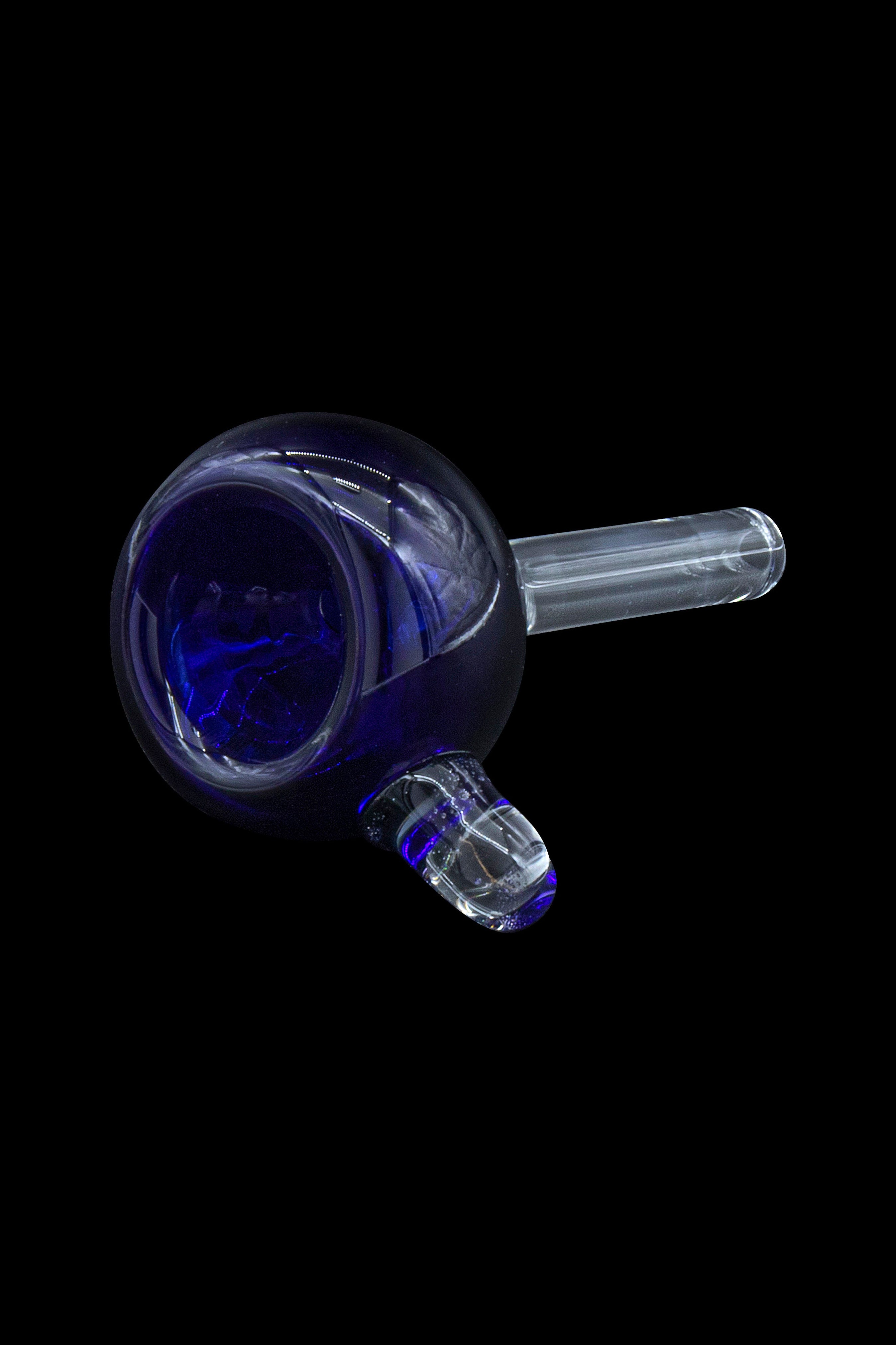 Blue glass bubbler pipe against a black background.