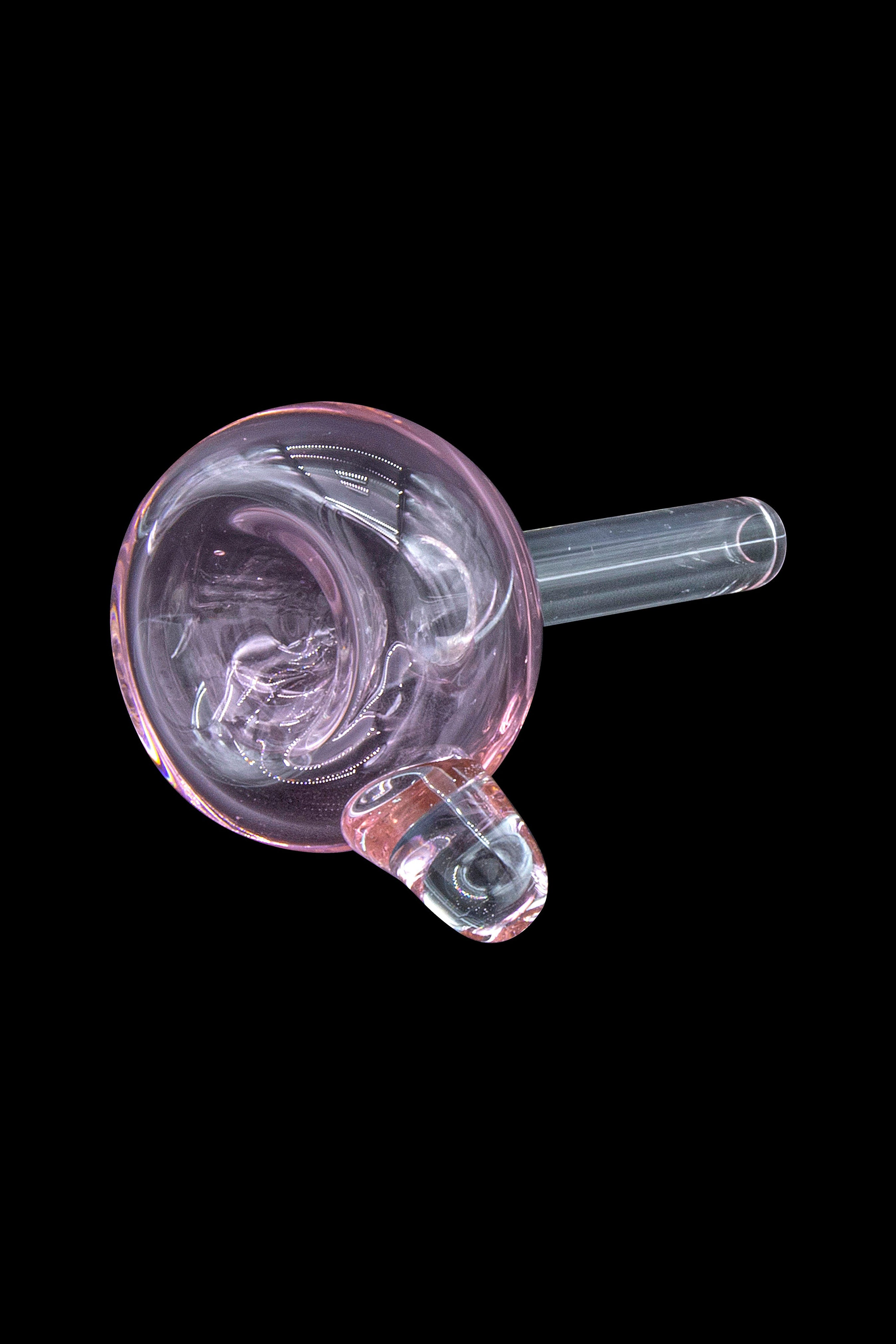 Pink and purple glass pipe with a clear mouthpiece, isolated on a black background.