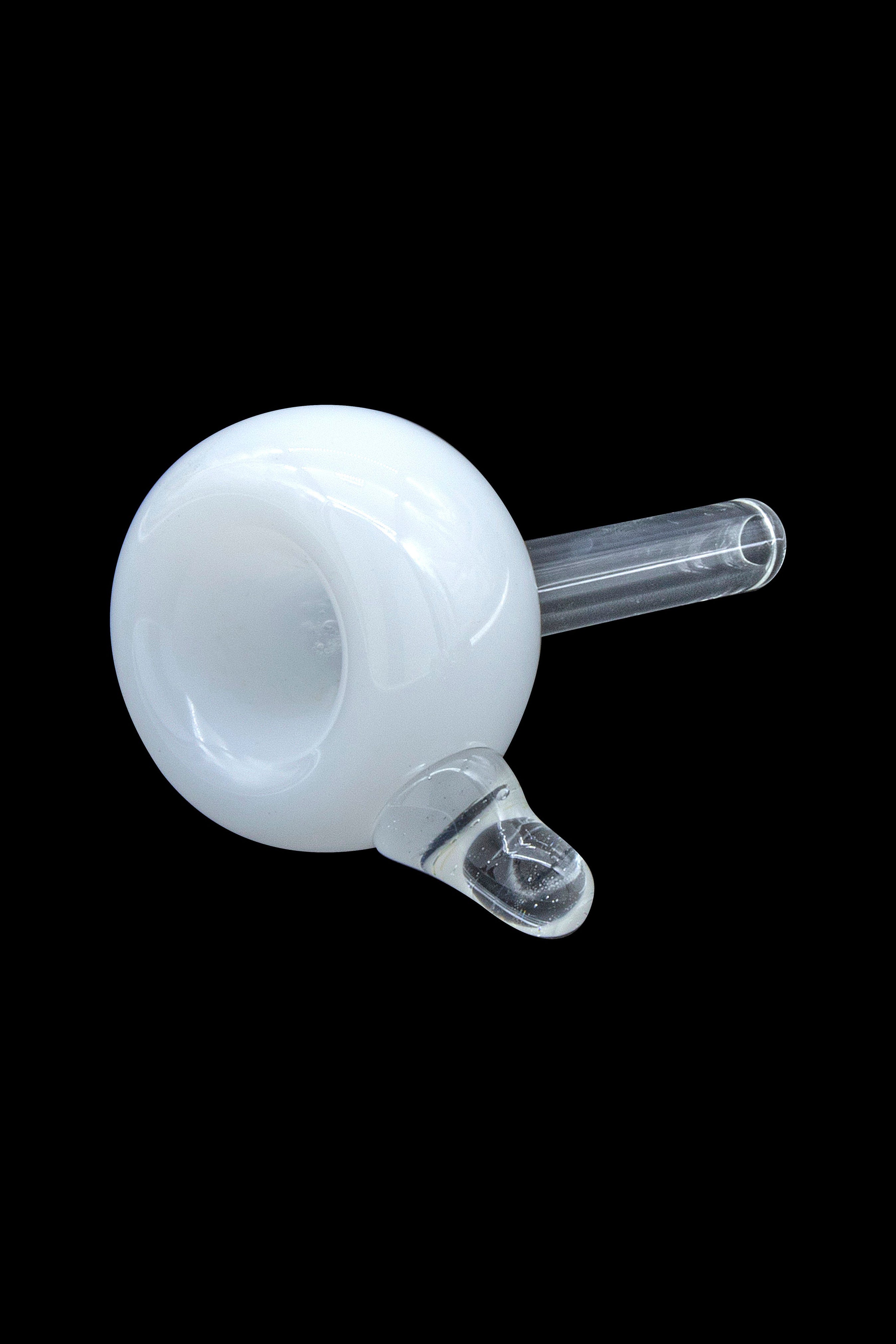 Frosted glass bubbler pipe with a clear mouthpiece, isolated on black.
