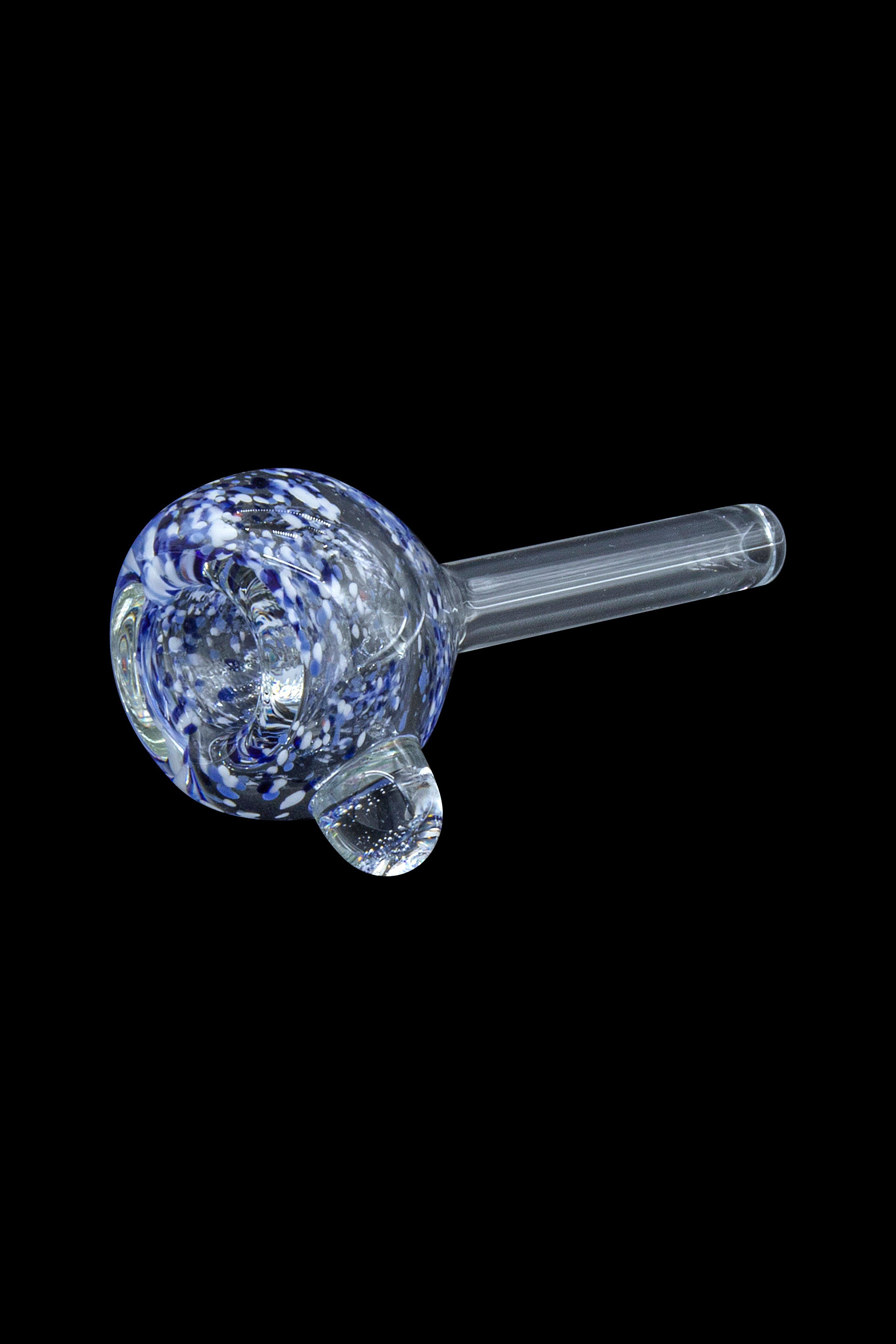 Blue and white speckled glass pipe against a black background.