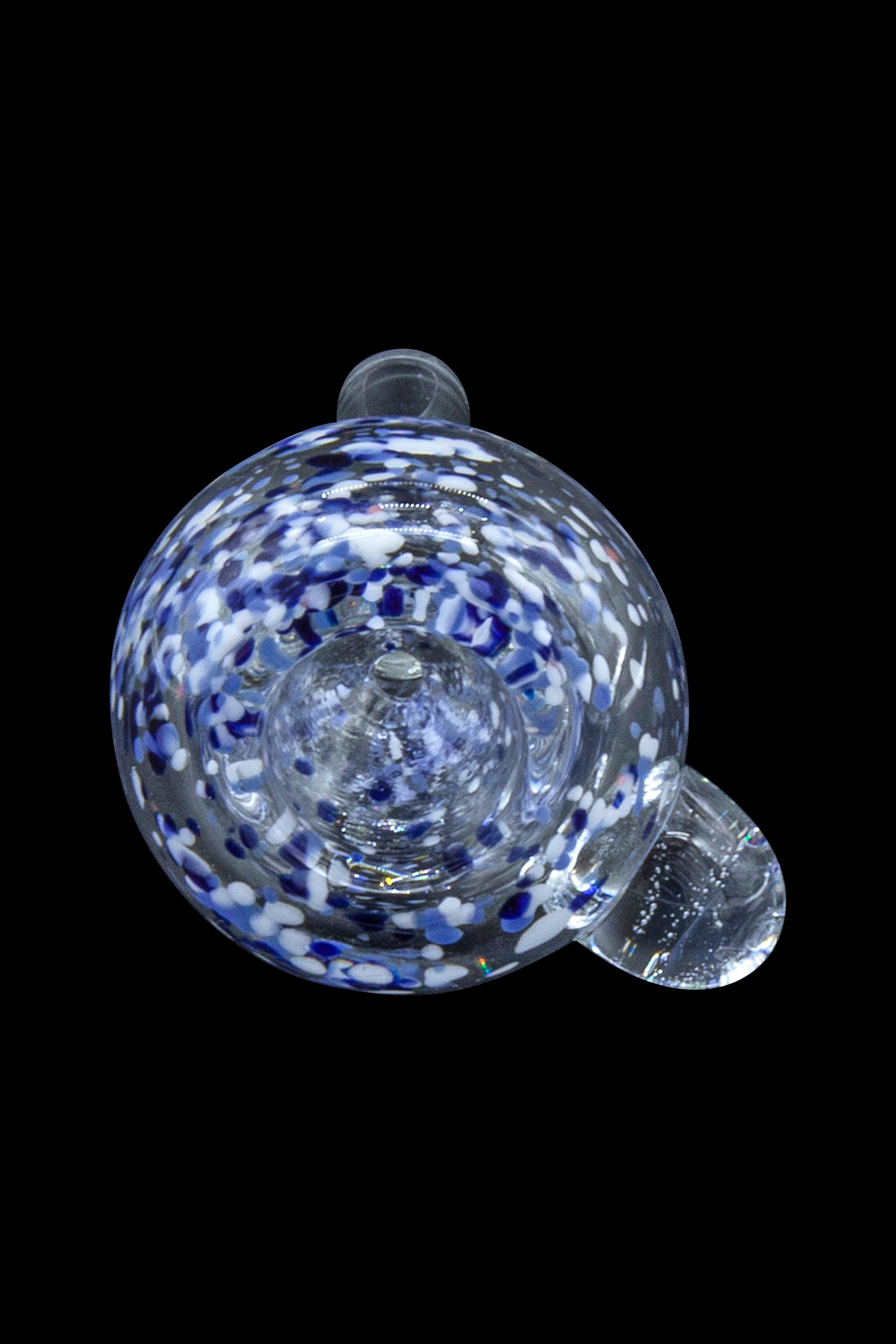 Blue and white speckled glass water pipe against a black background.
