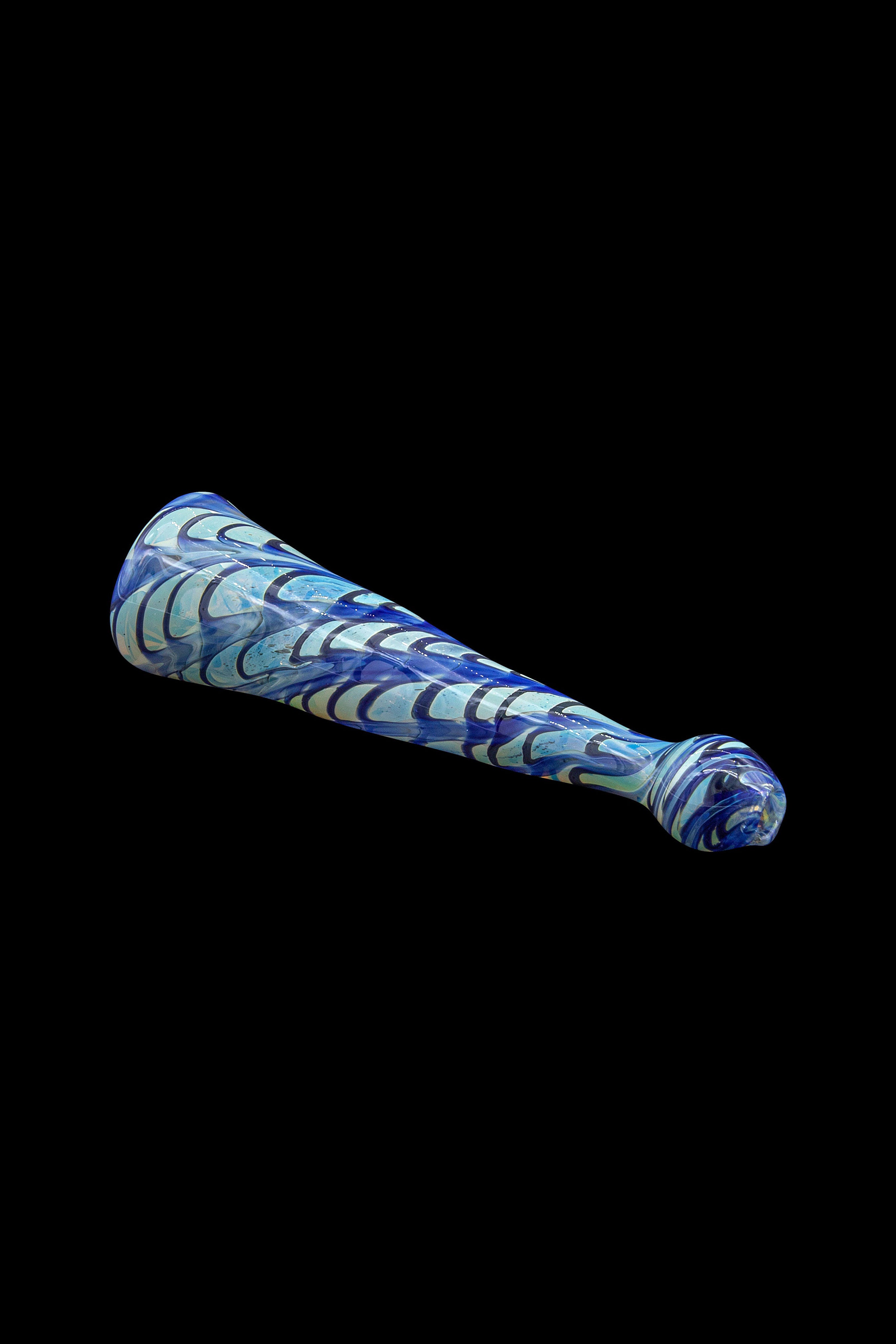 Blue and white swirled glass chillum pipe on a black background.
