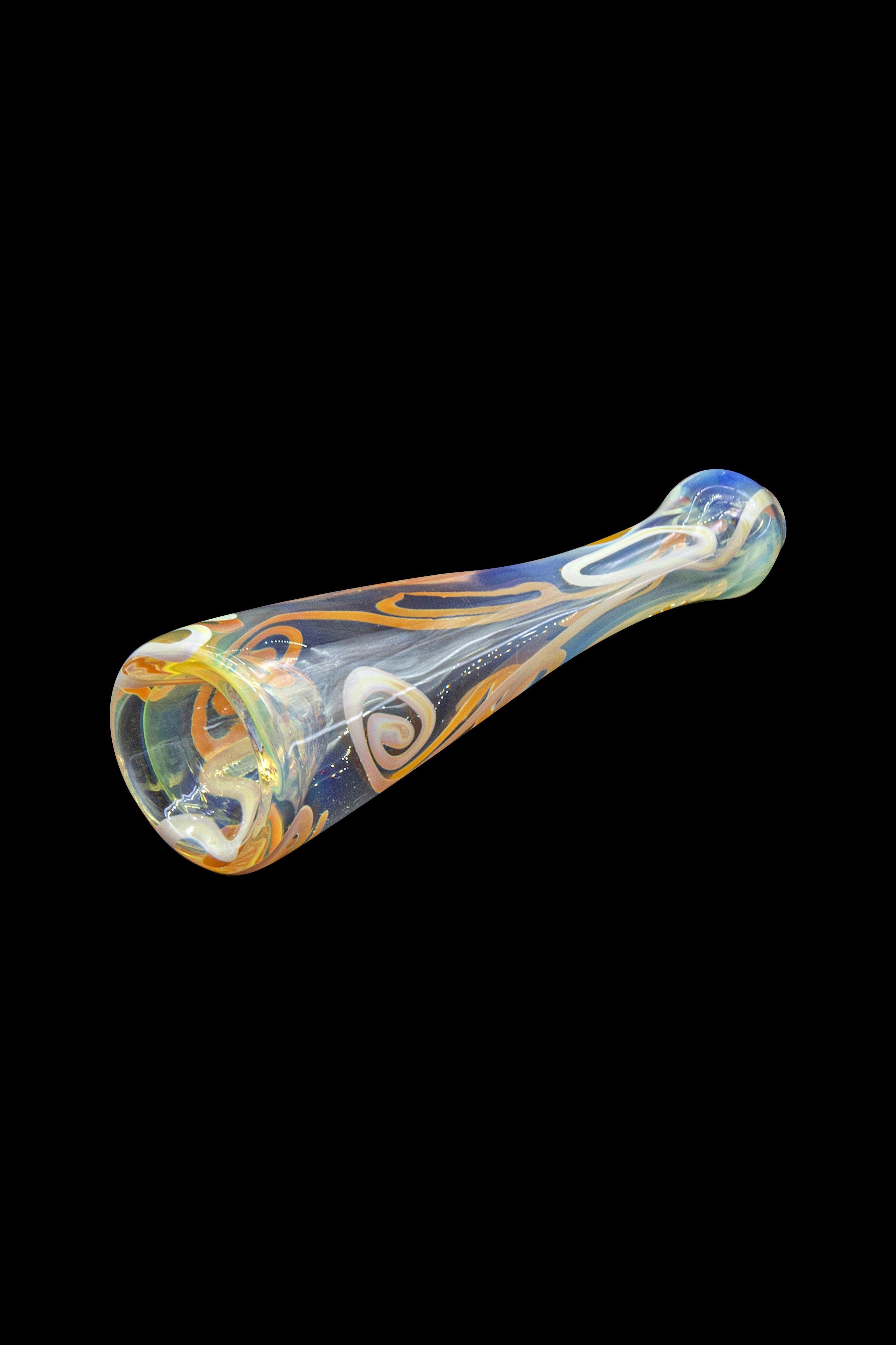 Handblown glass cannabis pipe with swirling orange and blue patterns.