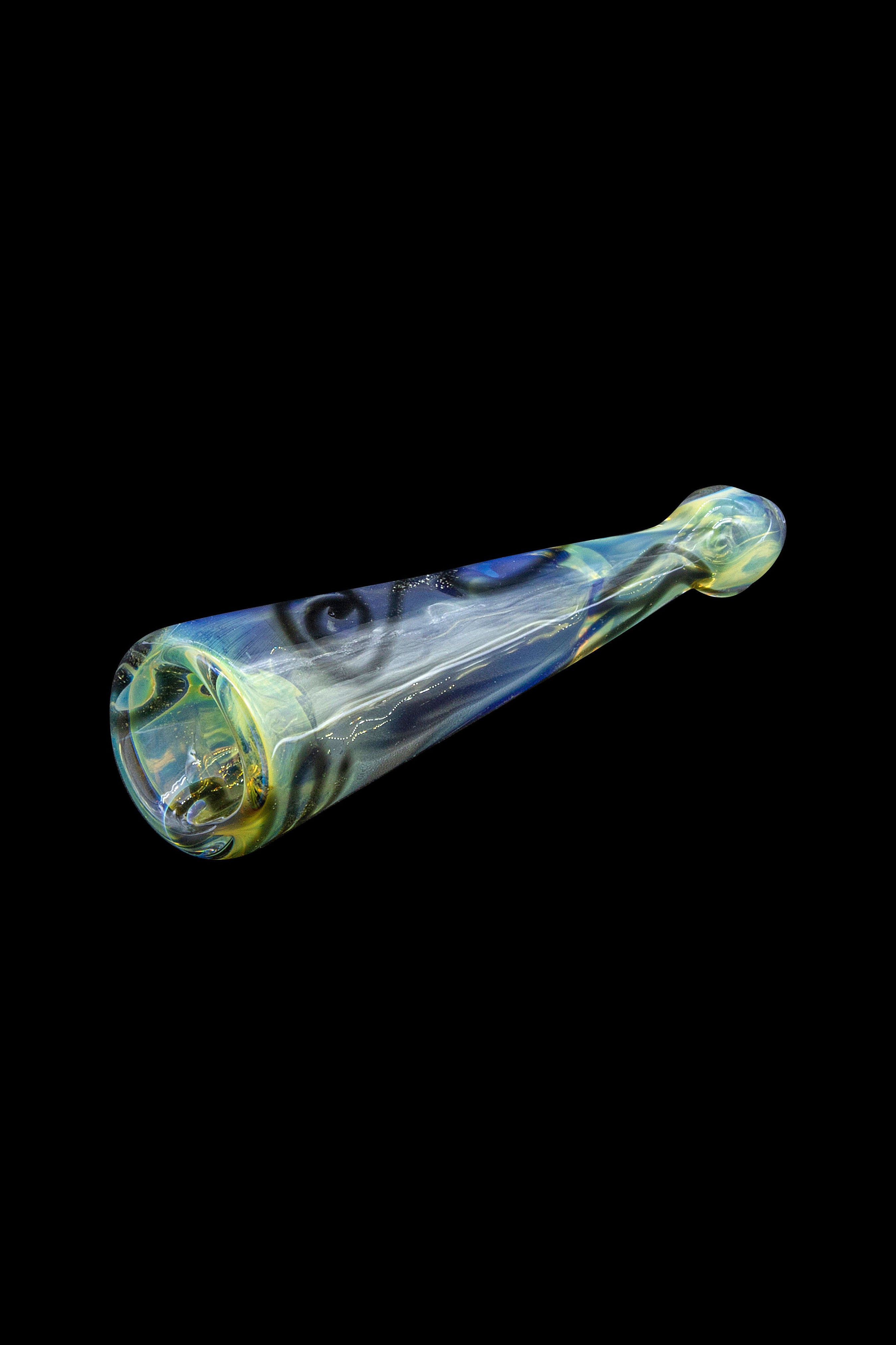 Hand-blown glass cannabis oil burner pipe with swirling blue and green patterns.