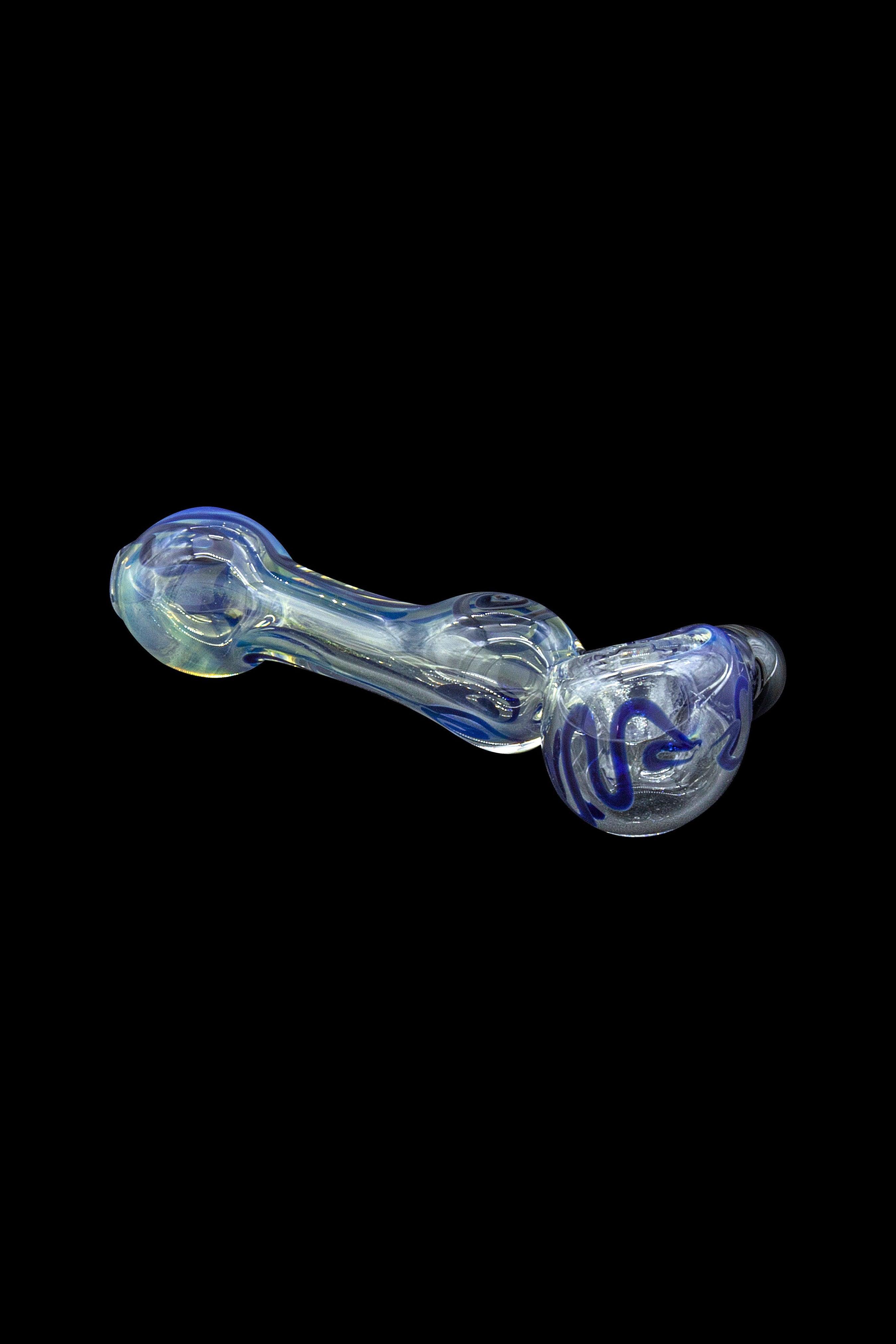 Glass pipe with blue and white swirls against a black background.