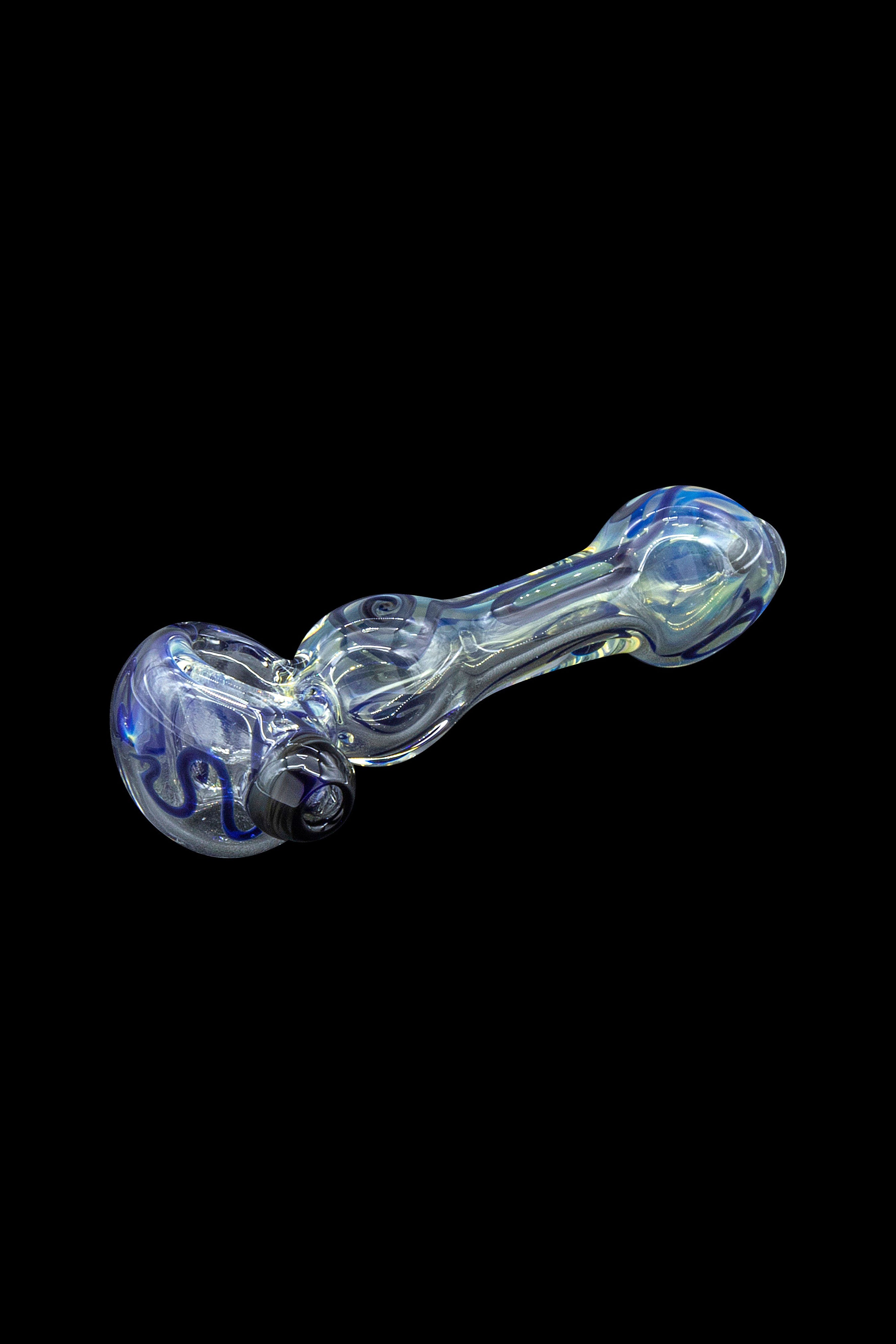 Glass pipe with swirling blue and iridescent patterns, isolated on a black background.