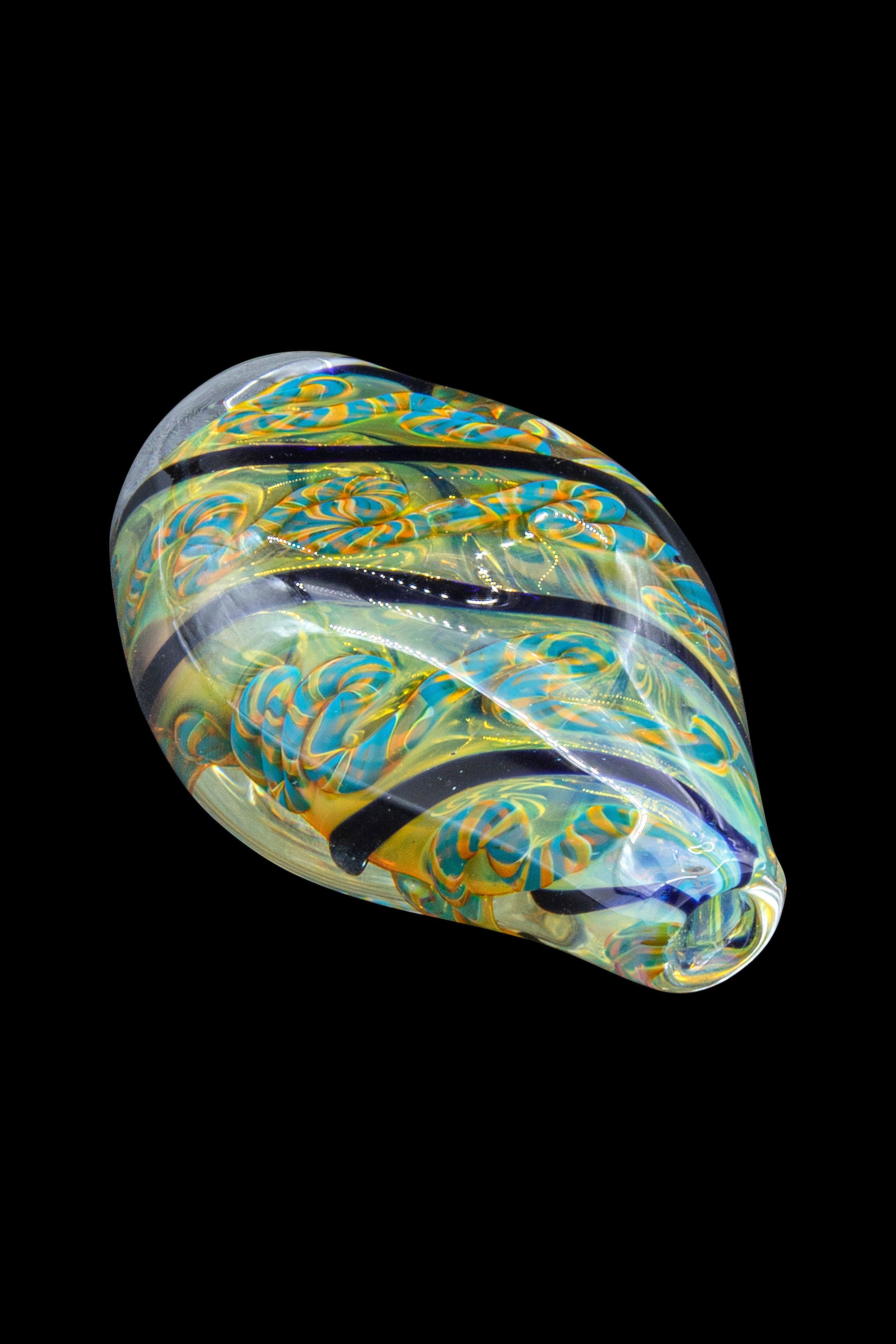 Hand-blown glass cannabis pipe with swirling green, blue, and black patterns.