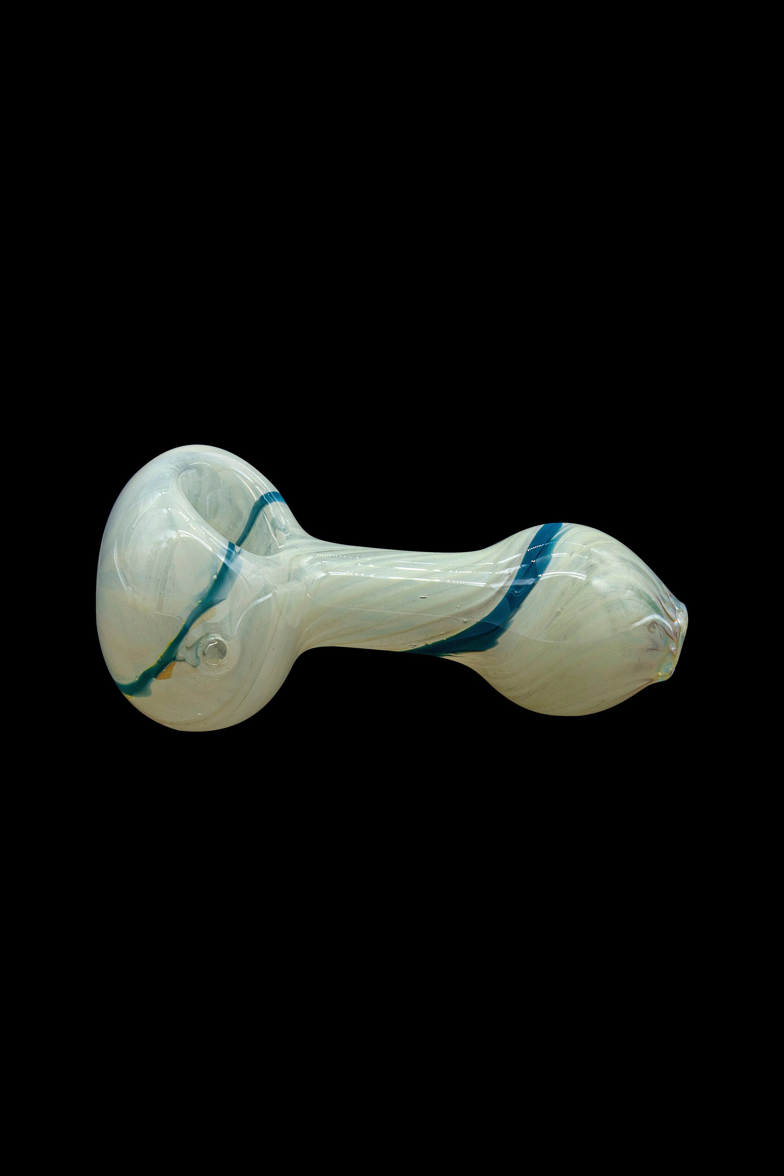 Glass pipe with swirling pale green and blue patterns, isolated on a black background.