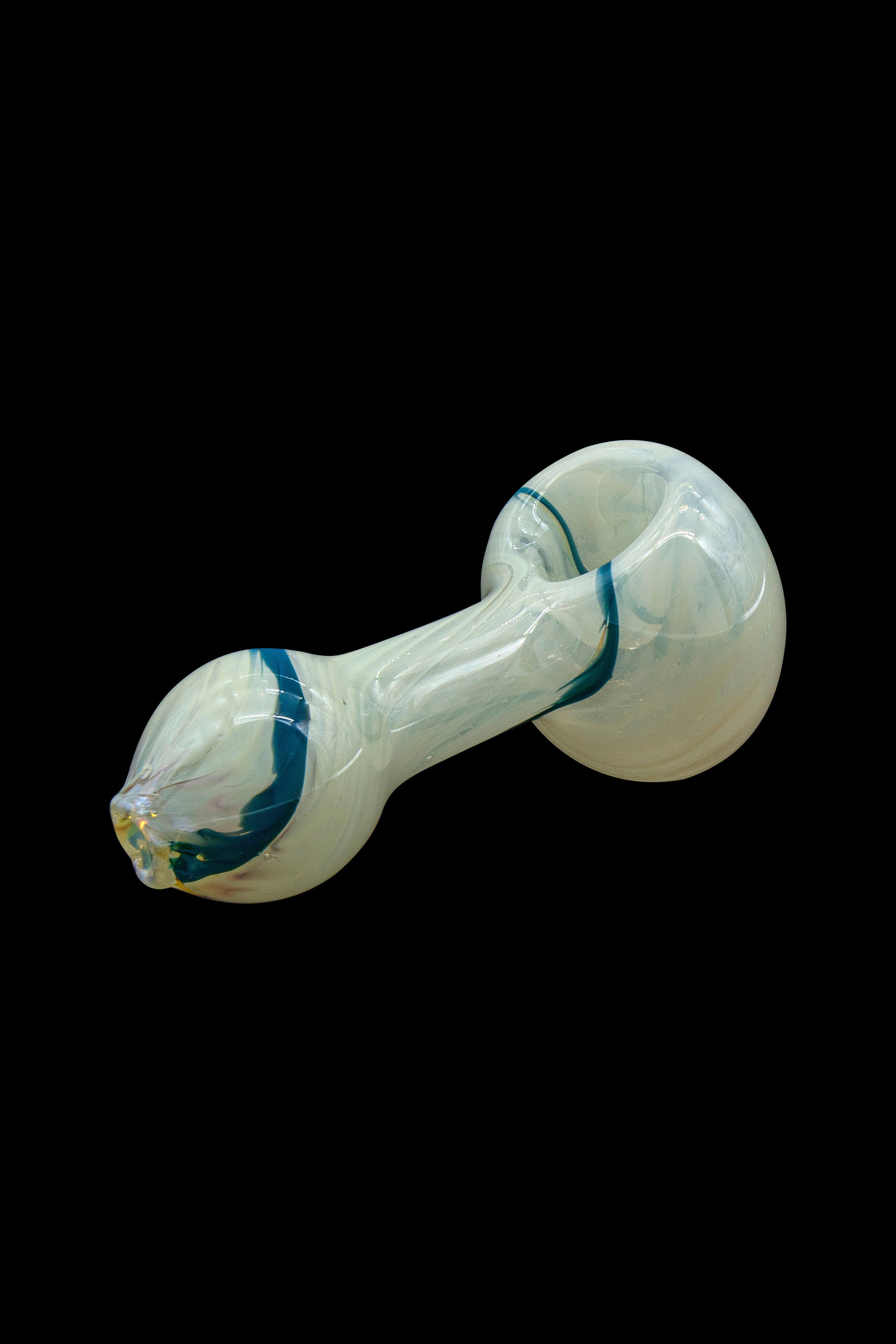Glass bubbler pipe with teal accents on a black background.