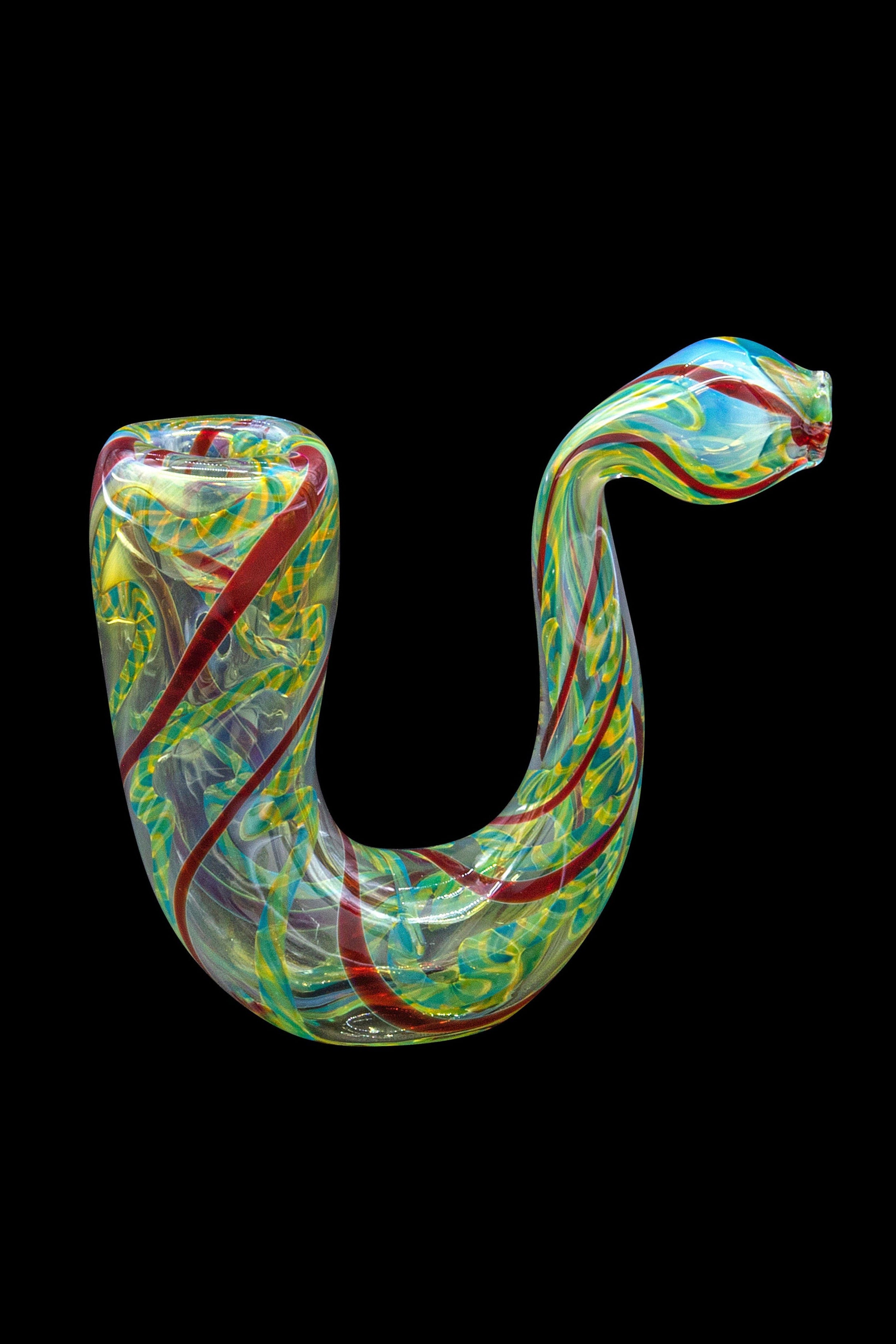 Hand-blown glass bubbler with vibrant green, yellow, and red swirls against a black background.