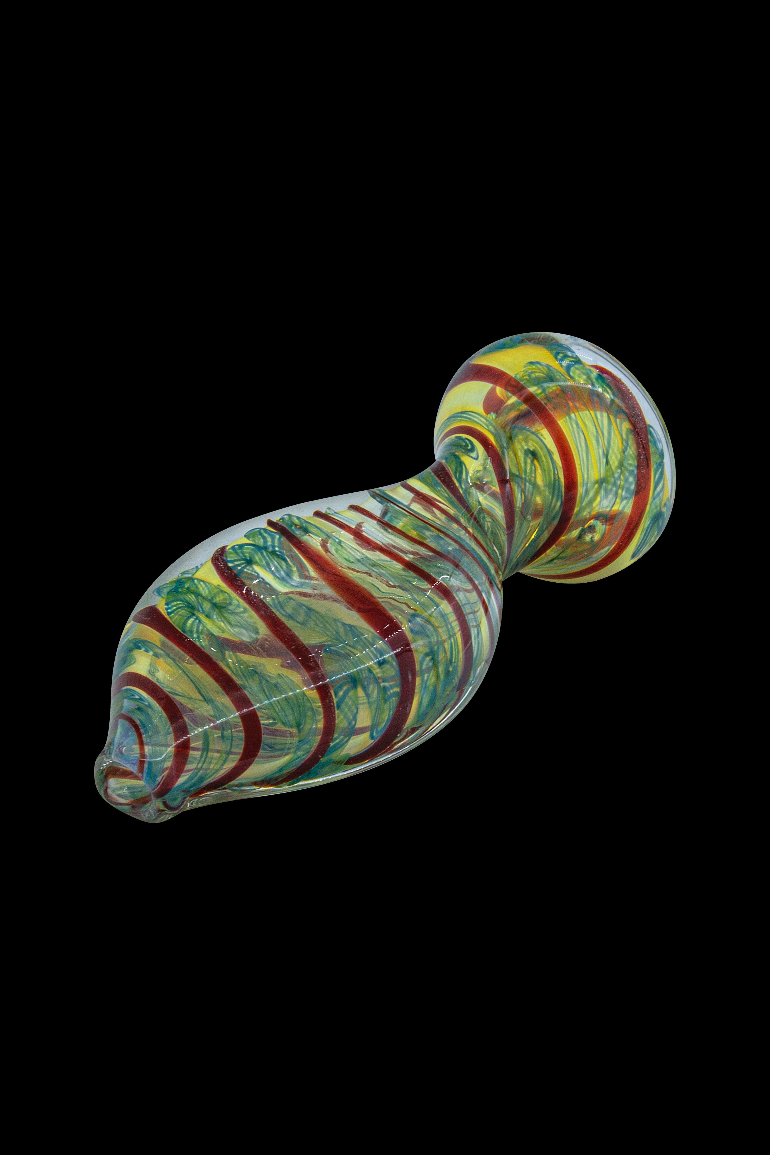 Hand-blown glass cannabis oil burner pipe with vibrant green, red, and yellow swirls.