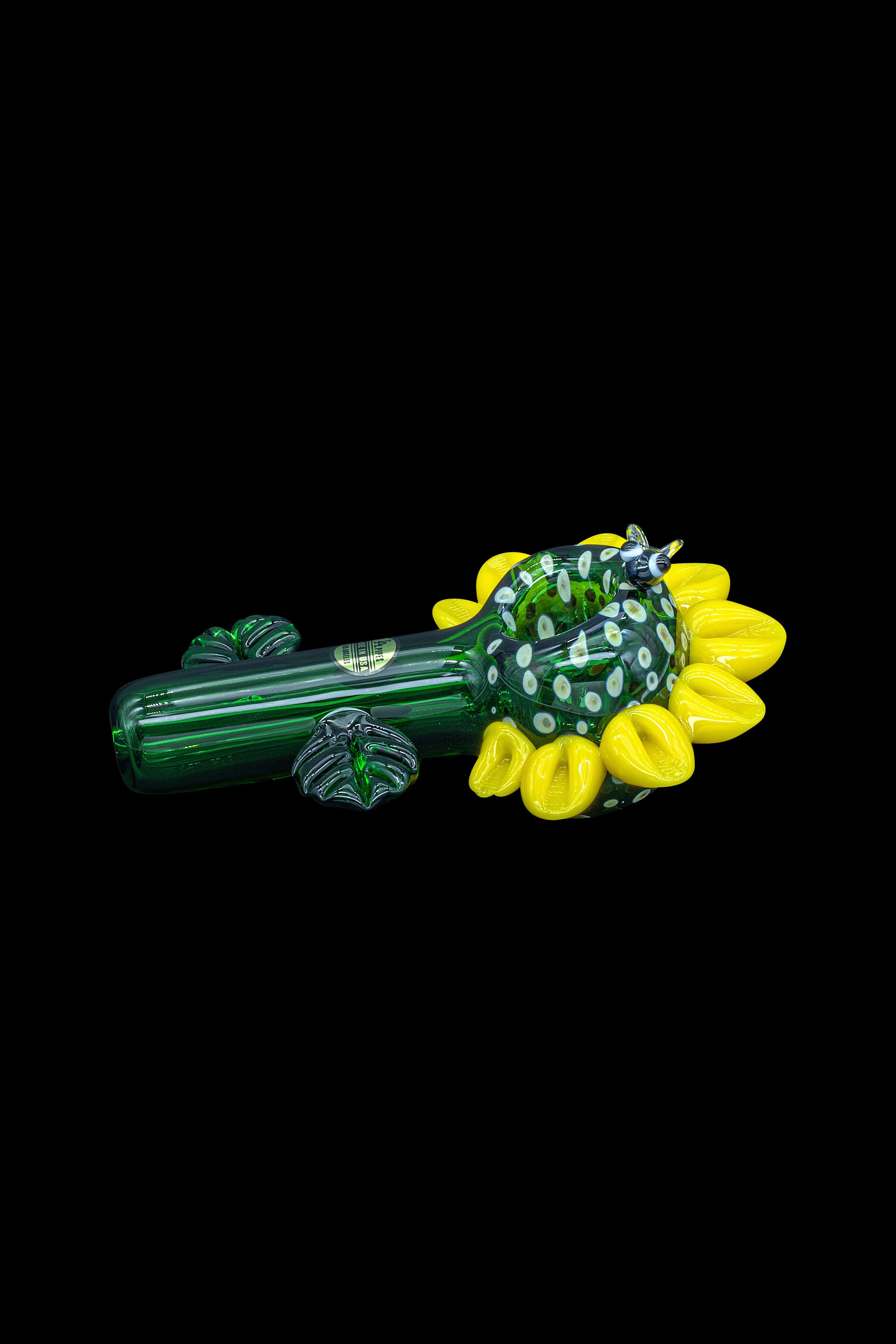 Green glass cannabis pipe shaped like a blooming flower.