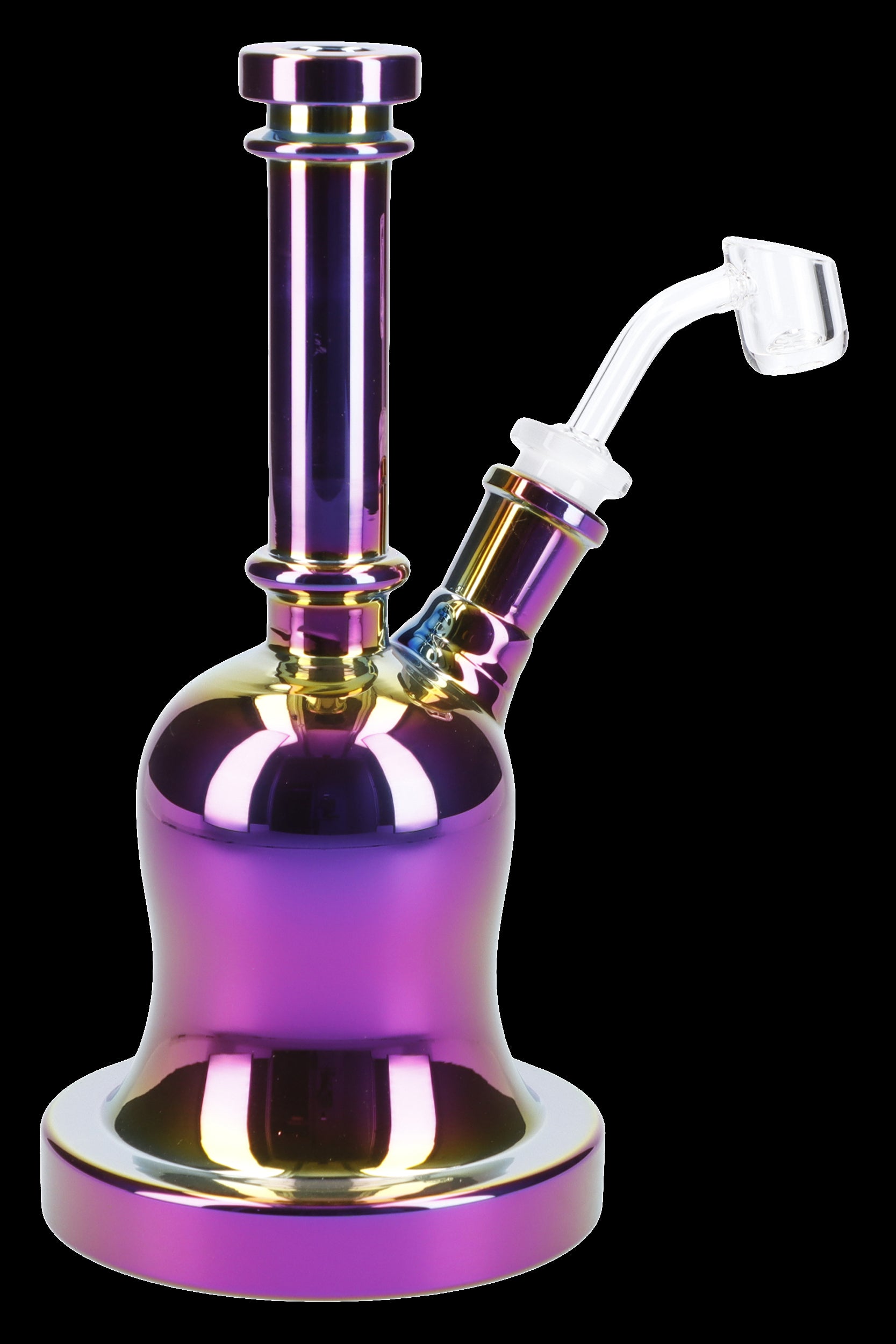 Iridescent glass water pipe (bong) with a quartz banger.