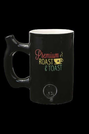 Black ceramic mug with “Premium Roast & Toast” text and cannabis leaf design, featuring a built-in grinder at the base.