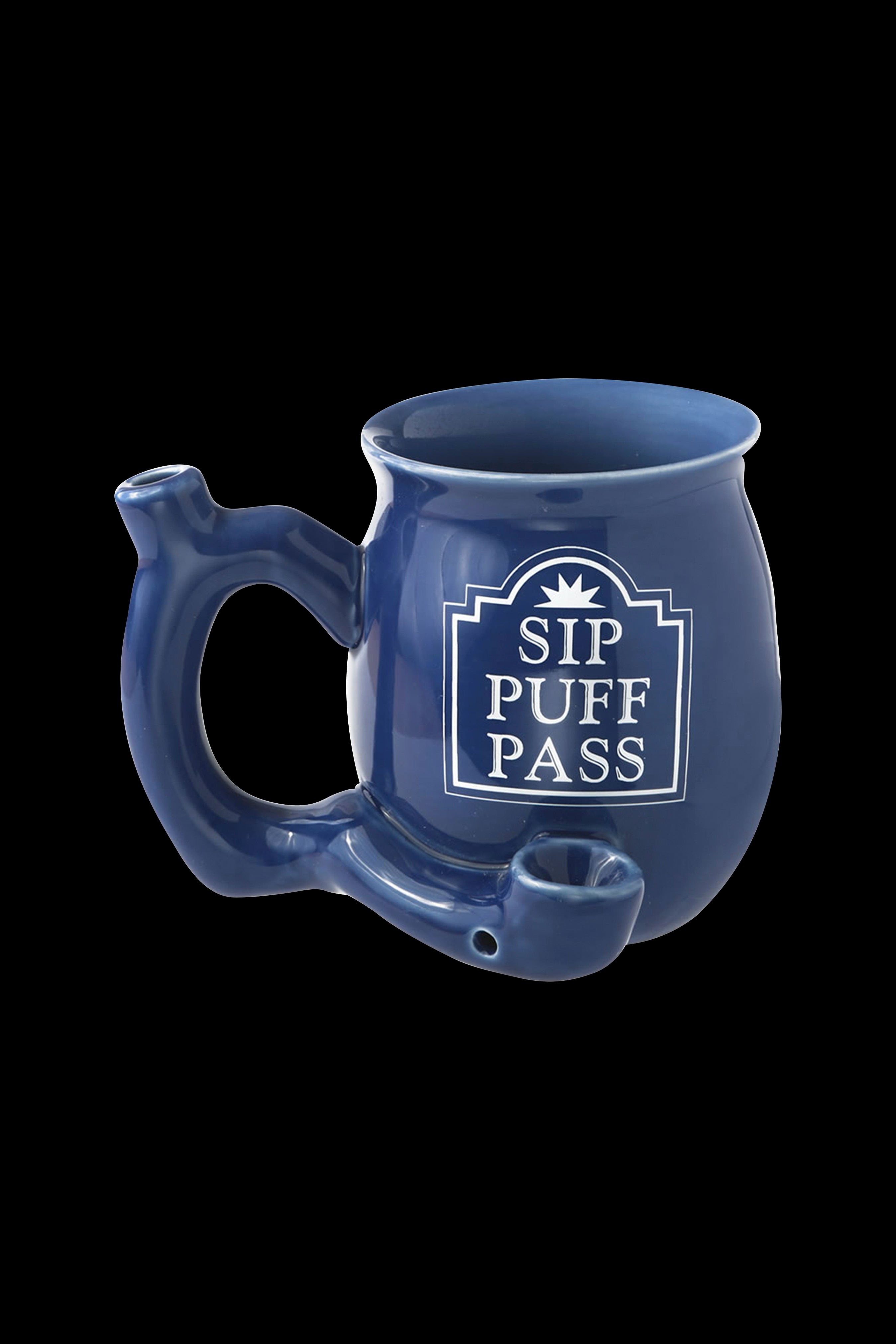 Blue ceramic mug with a built-in pipe and the text "SIP PUFF PASS".