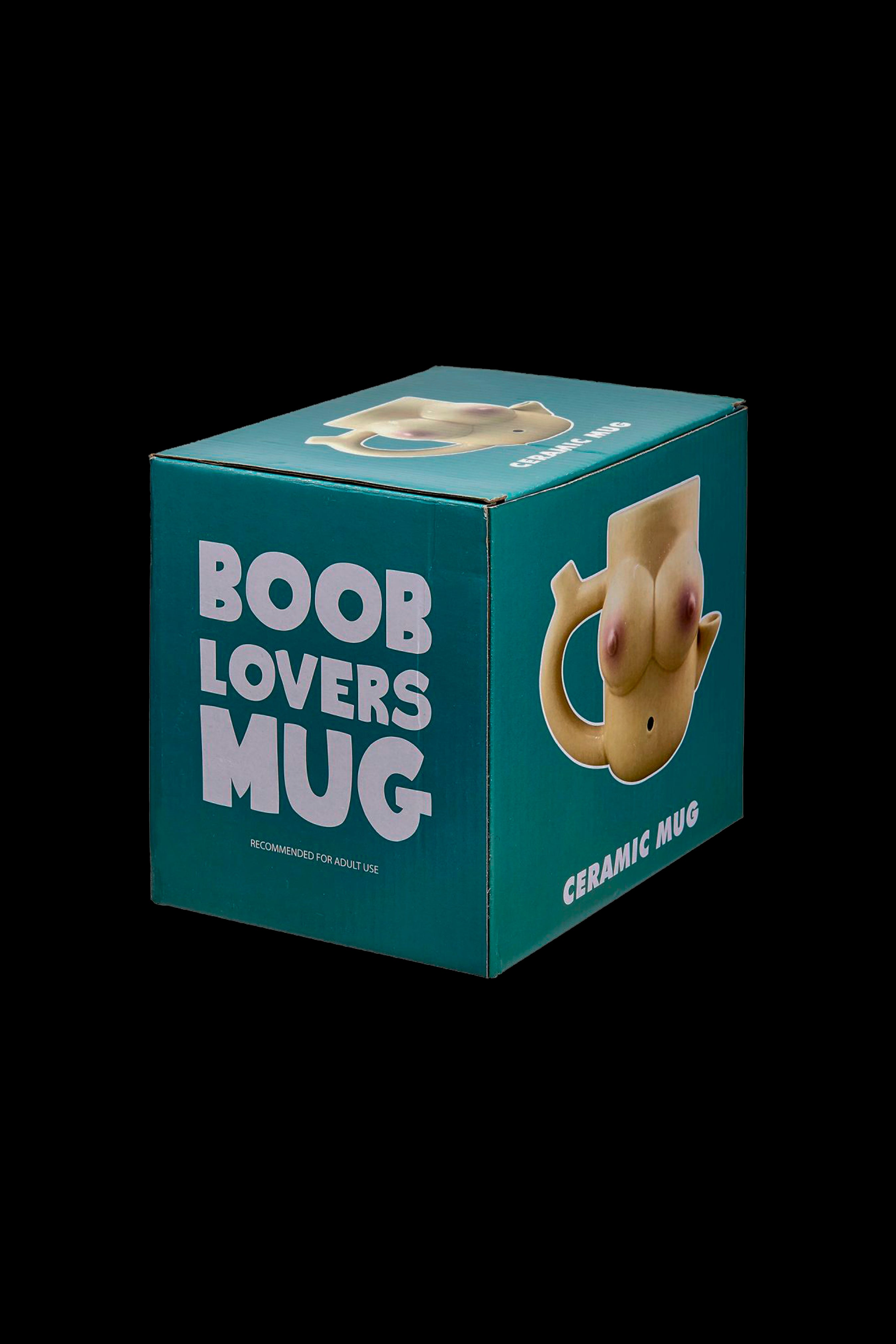 A green box for a "Boob Mug" cannabis accessory, displaying a cartoon image of a breast with a bowl piece on the nipple and text indicating adult use.