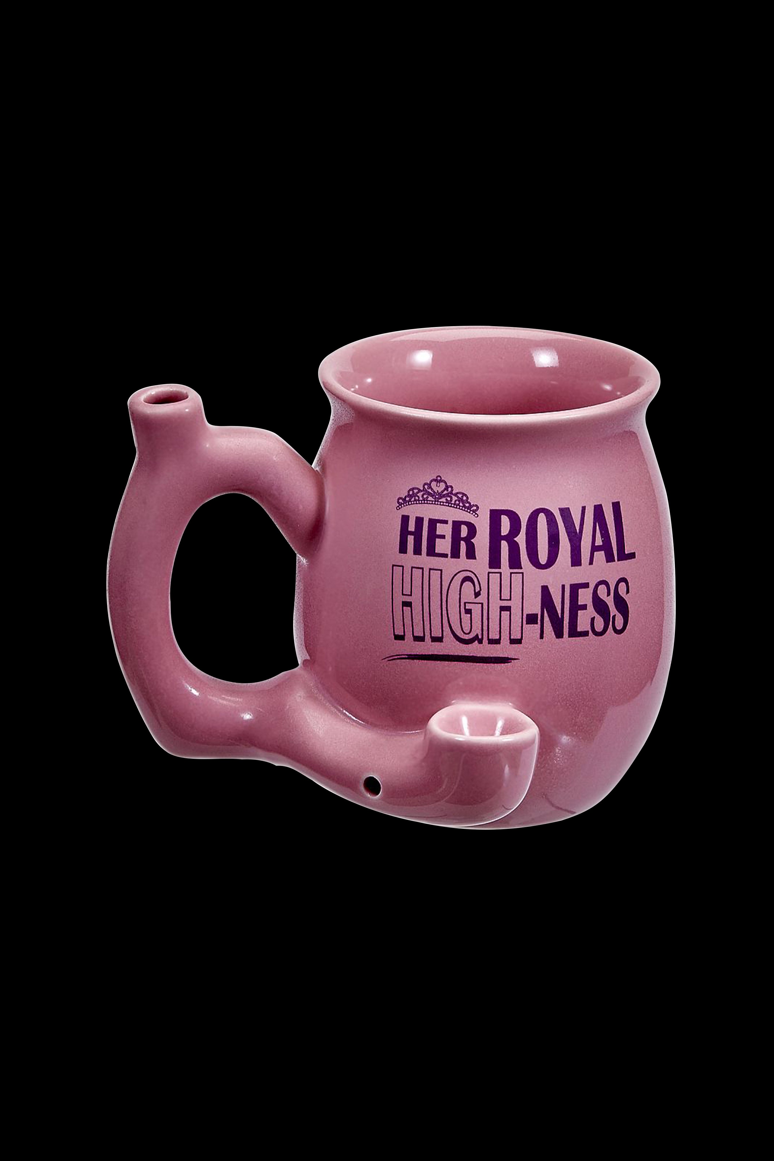 Pink ceramic water pipe shaped like a mug with “Her Royal High-Ness” printed on the side.
