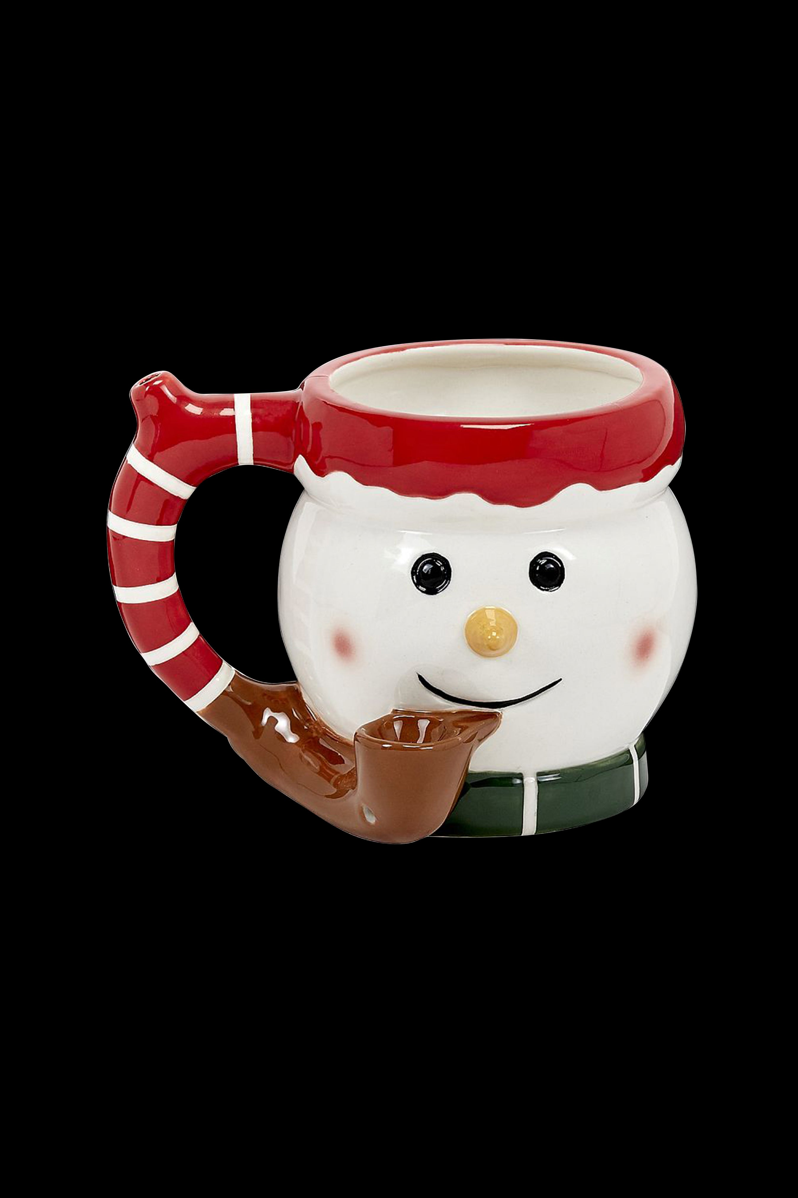 Ceramic snowman pipe with red and white striped handle and hat.