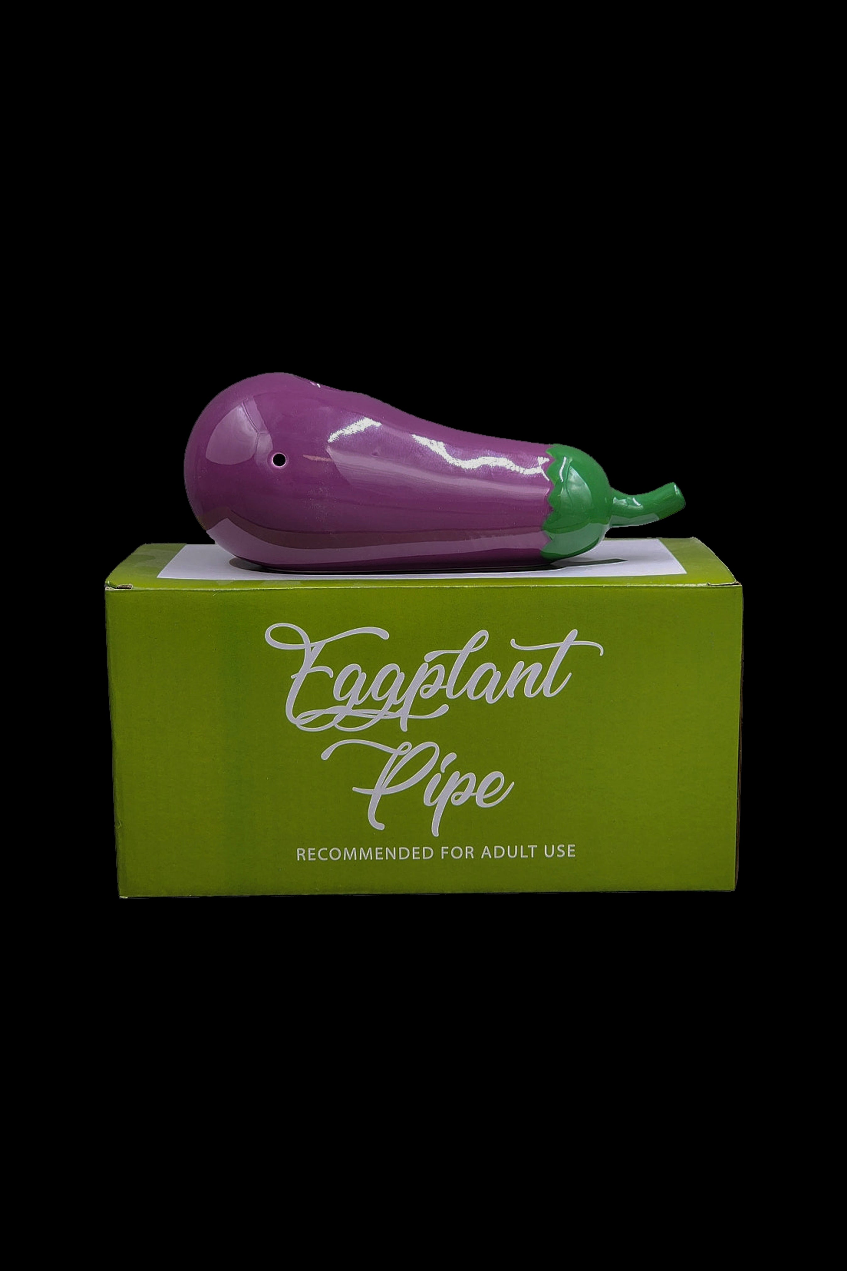 Purple eggplant-shaped glass pipe displayed on a green box labeled "Eggplant Pipe" with a disclaimer for adult use.