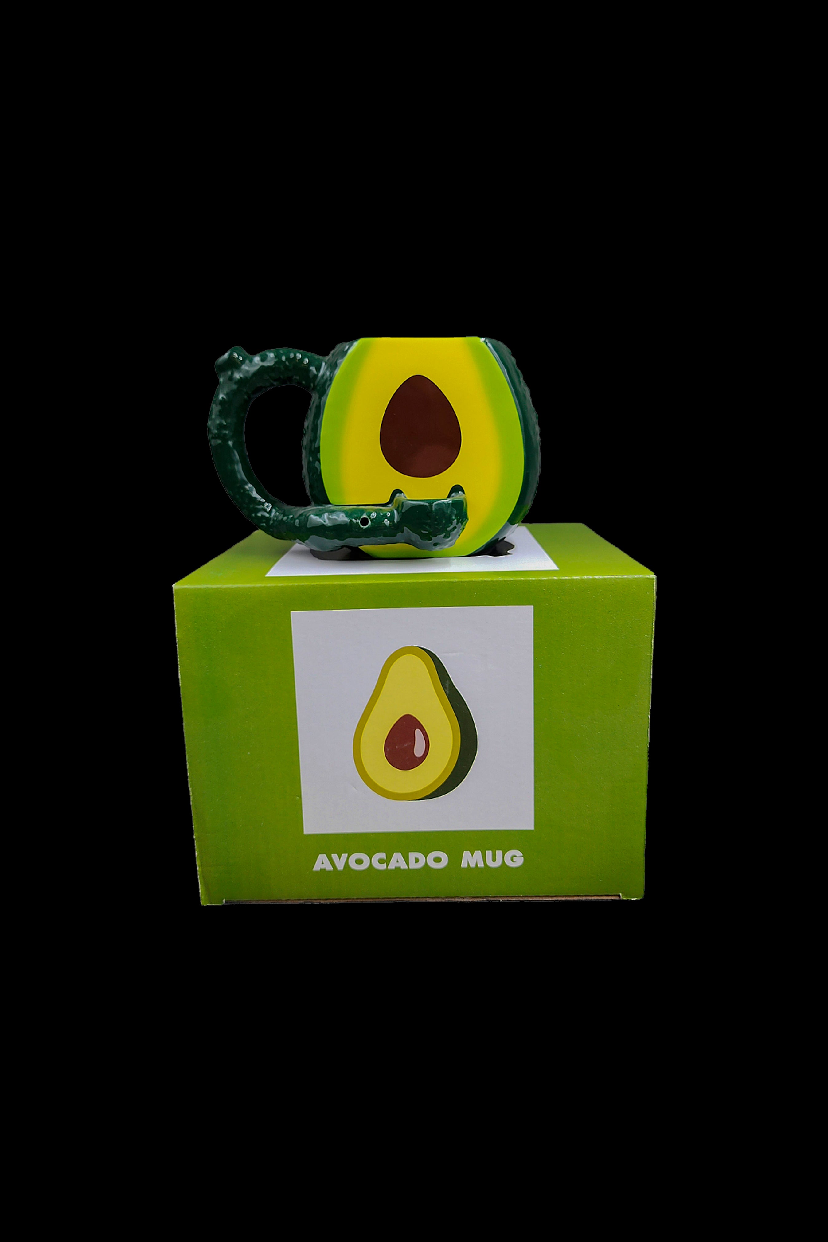 Avocado-shaped water pipe ("mug") displayed on its branded green box.