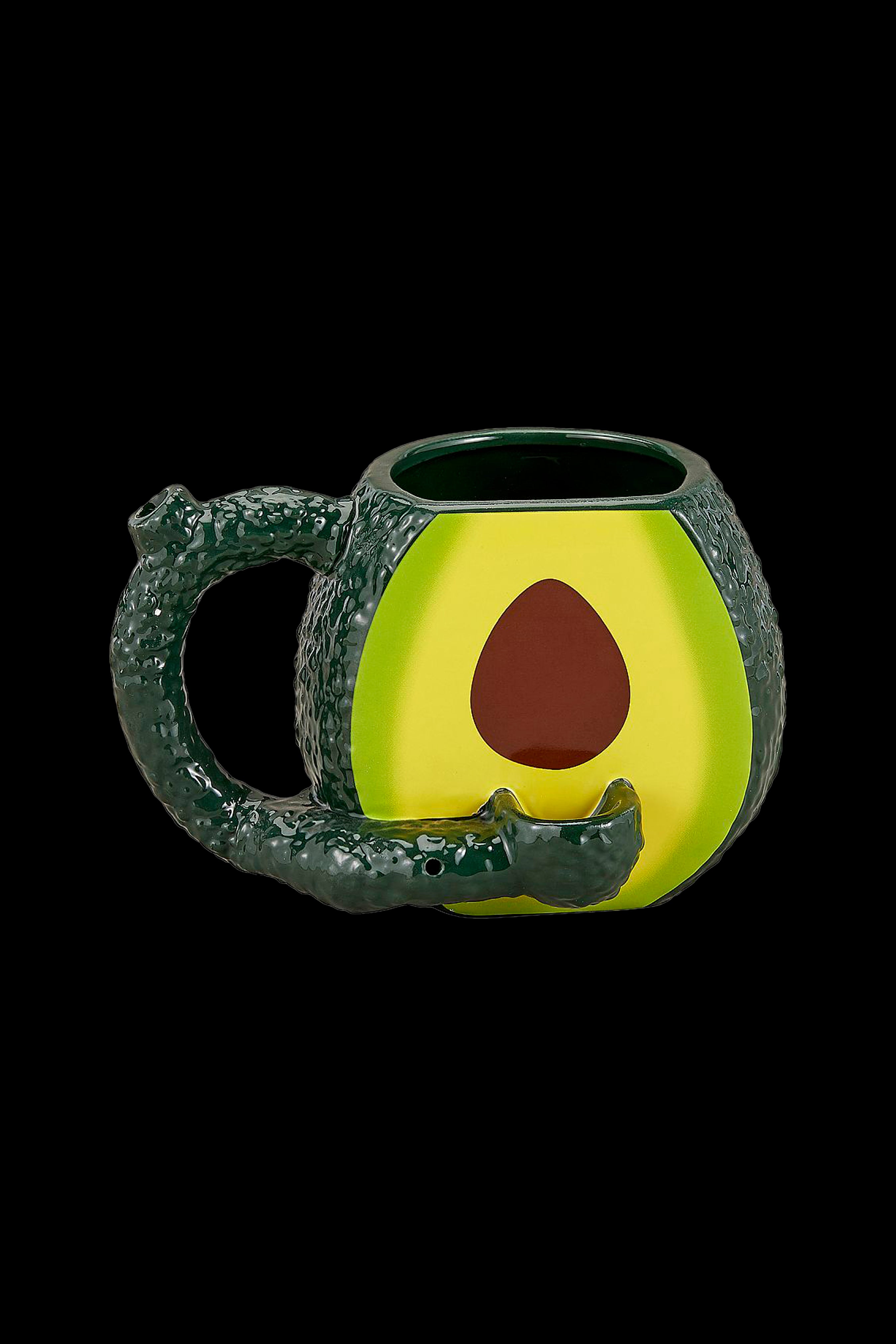 Avocado-shaped glass pipe with a brown pit-like bowl.