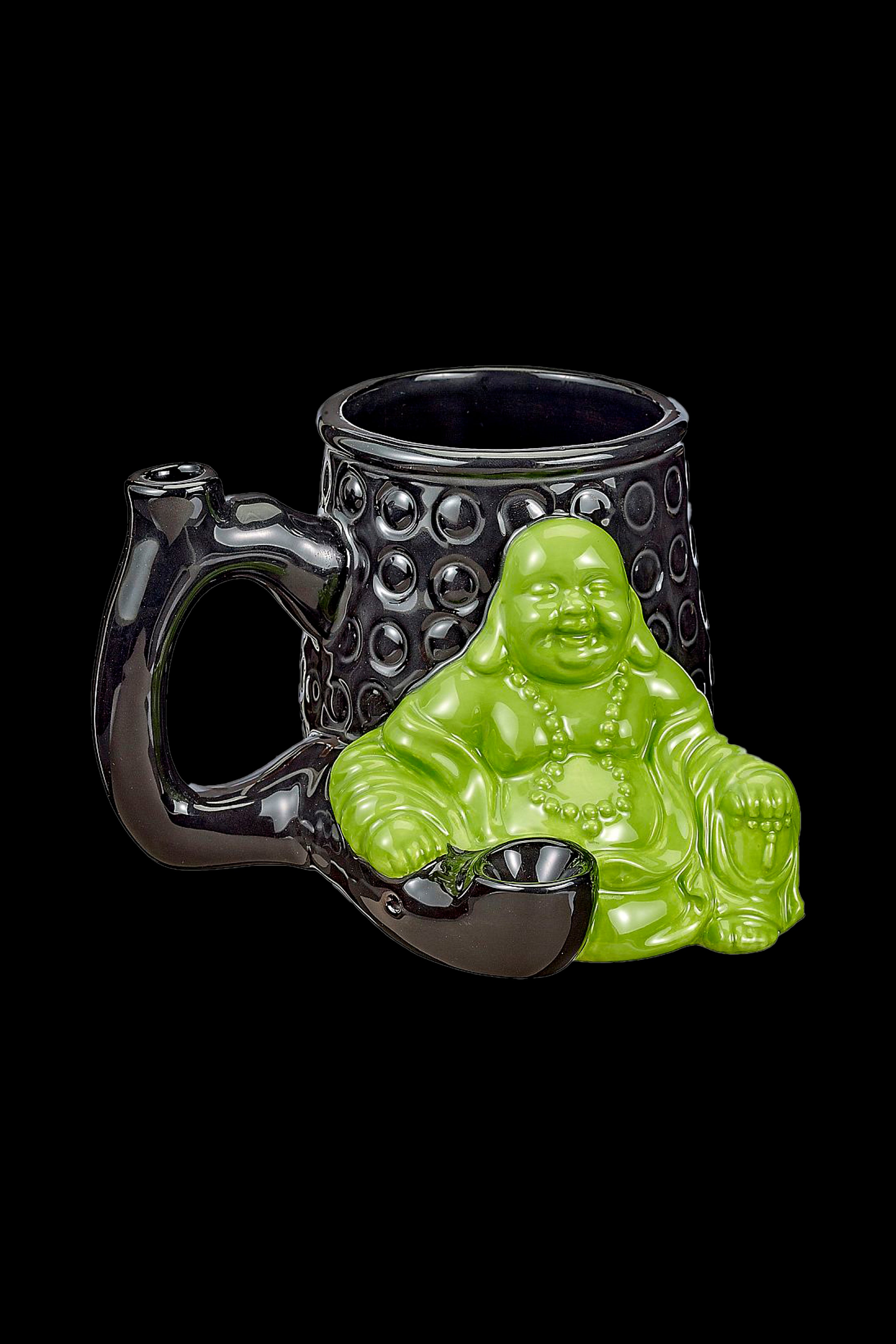 Green ceramic Buddha-shaped smoking pipe with a black textured mug base.