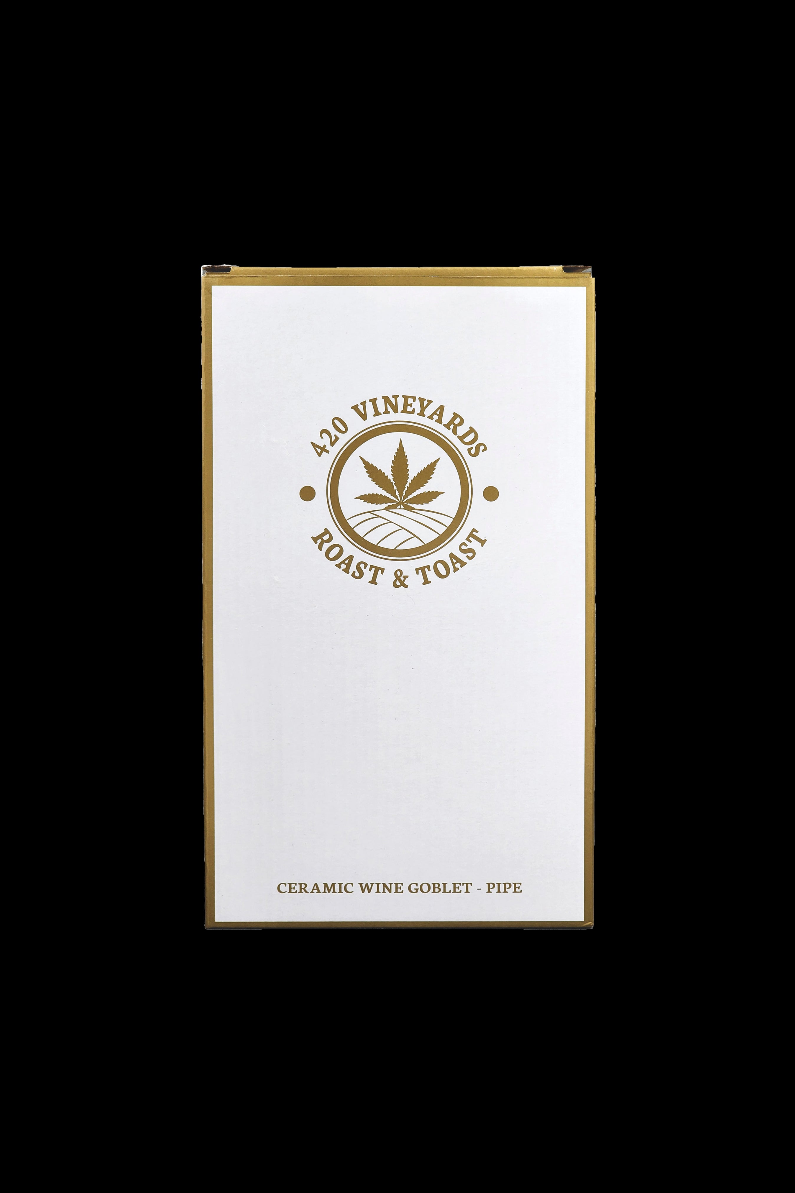 Product packaging for “420 Vineyards” ceramic wine goblet pipe, featuring a cannabis leaf logo."