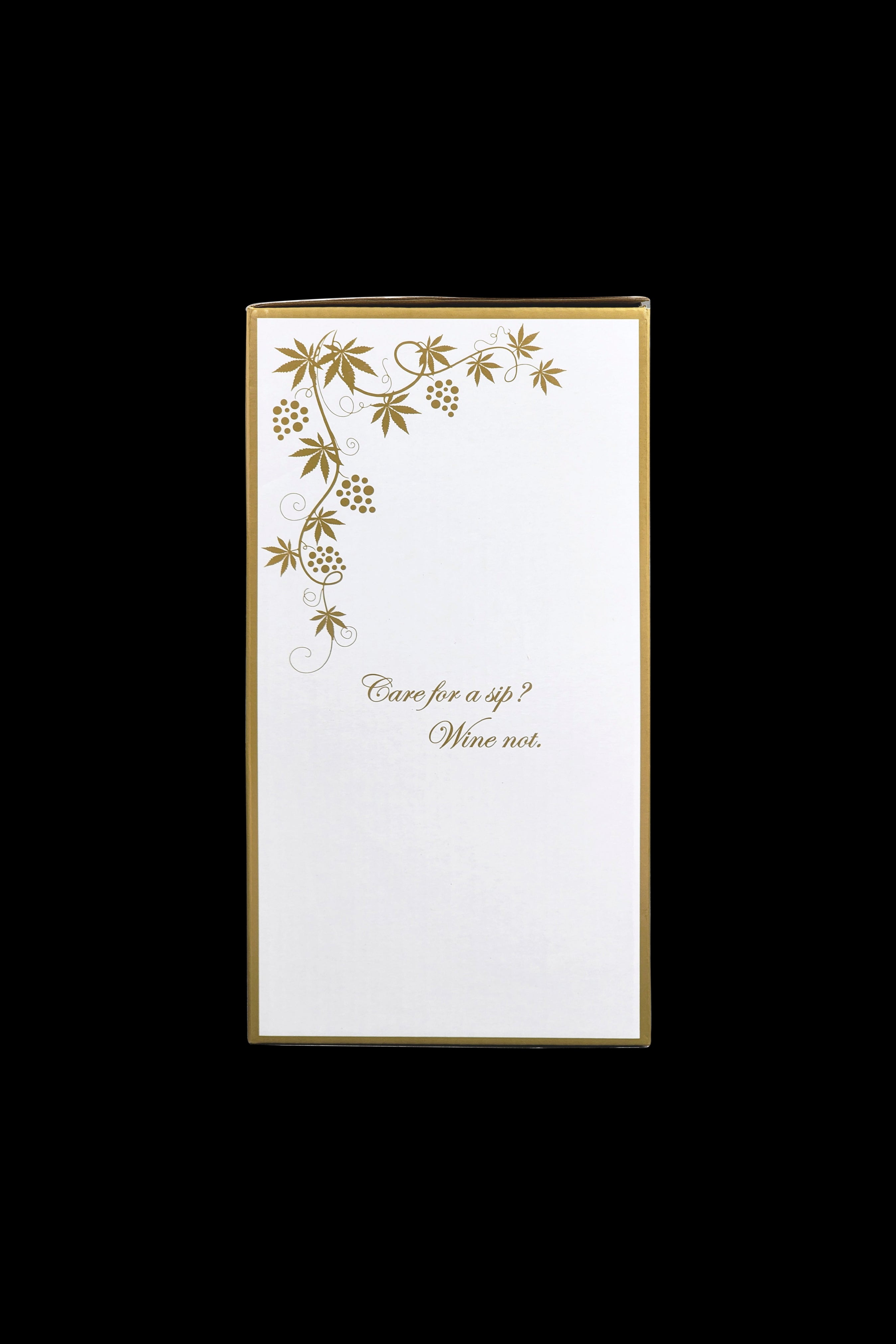 Cannabis accessory packaging with botanical illustrations and text reading "Care for a sip? Wine not."