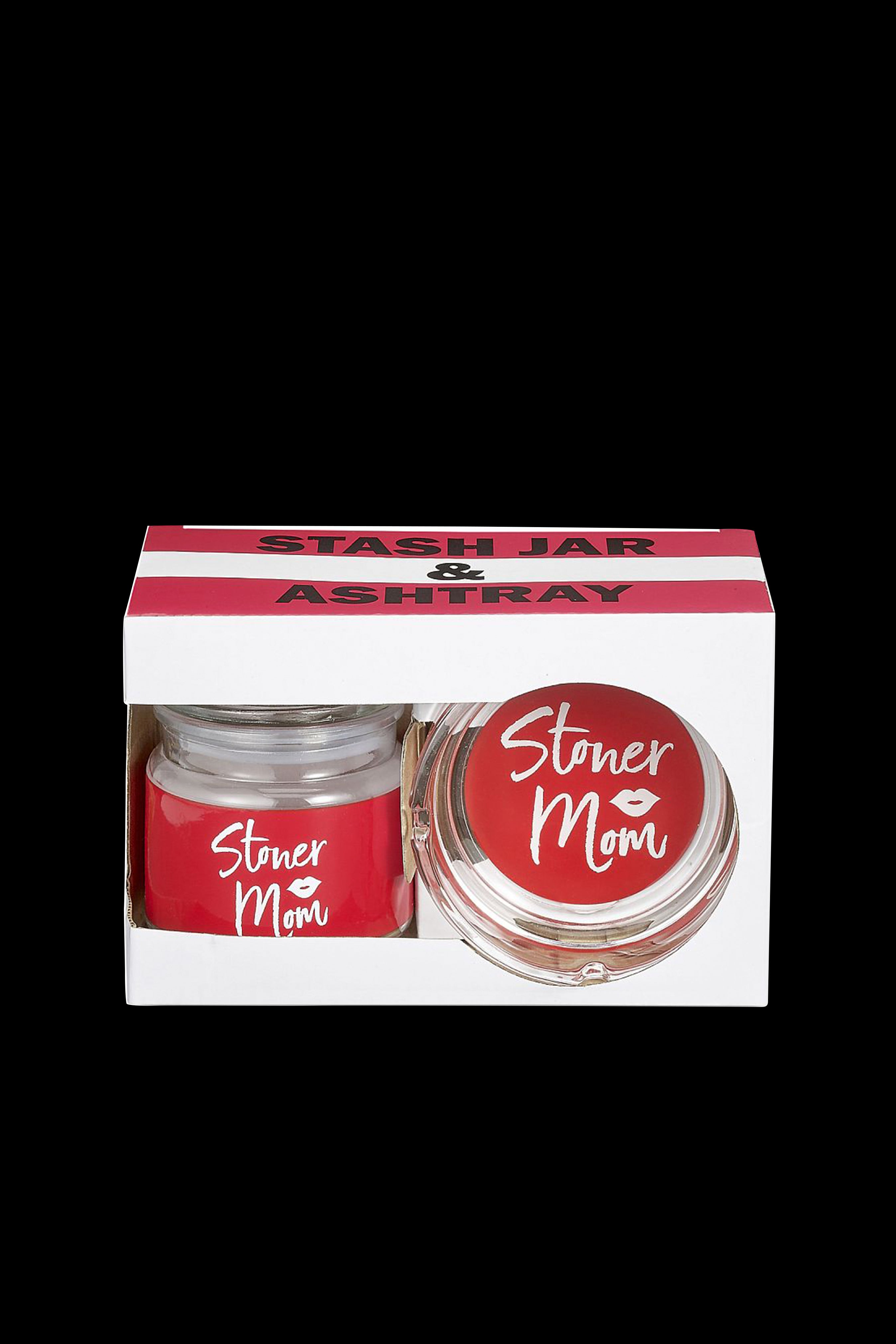 "Stoner Mom" branded stash jar and ashtray set in a white gift box.