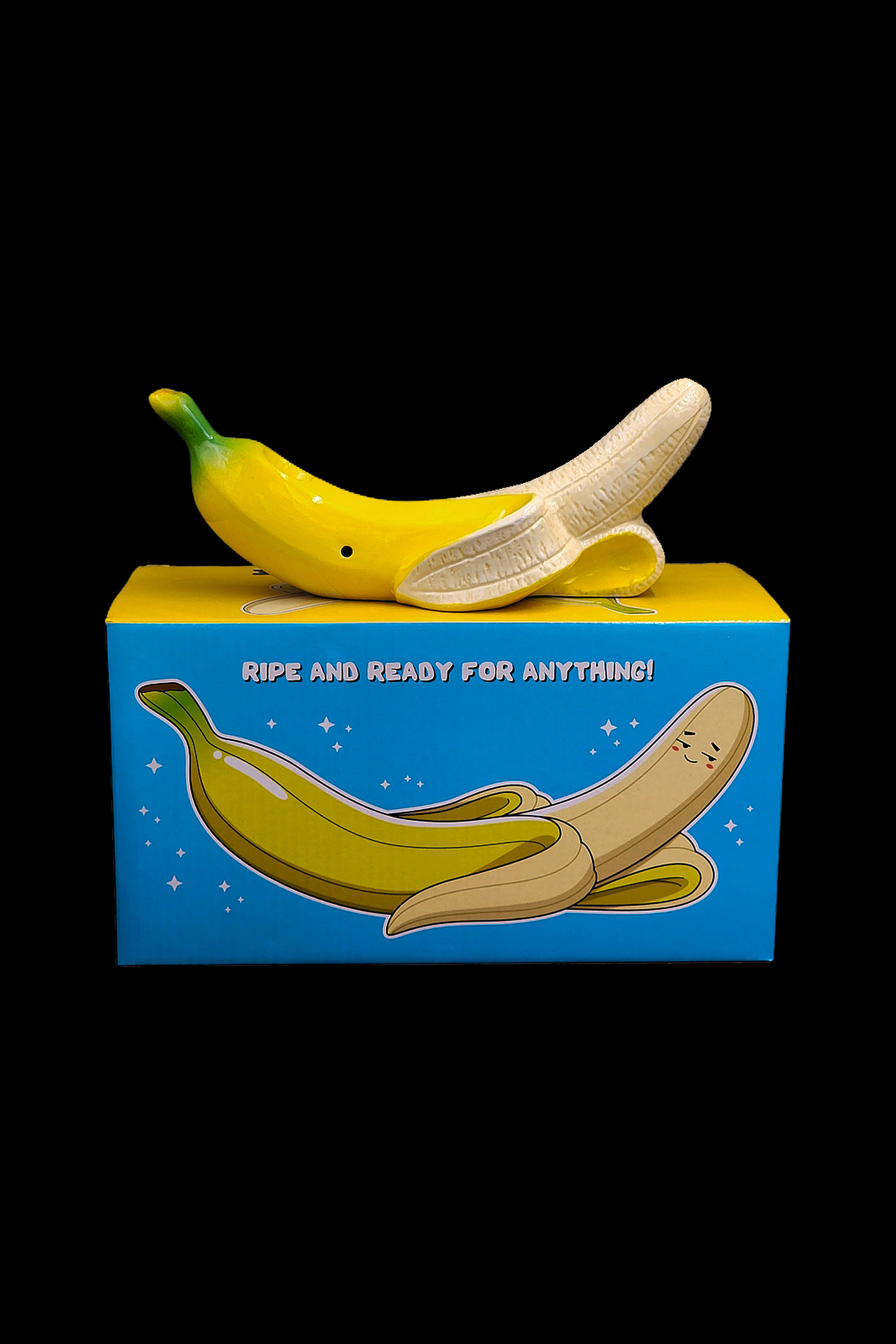 A blue box displaying a peeled banana and a whole banana, with the text “Ripe and Ready for Anything!”—likely packaging for a cannabis accessory.