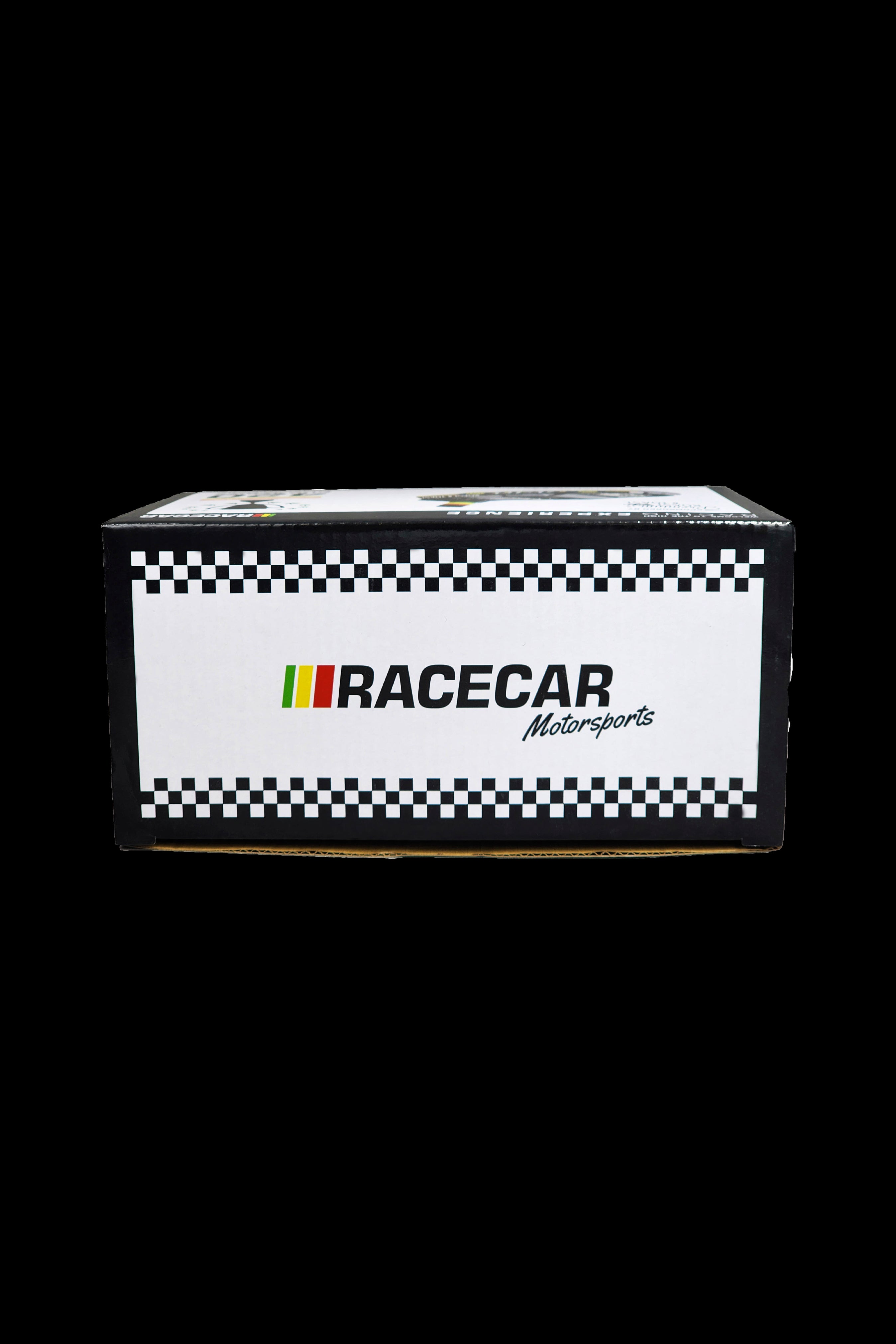 A white box with a black and white checkered flag design and the text "RACECAR Motorsports" displayed, likely packaging for a cannabis accessory.