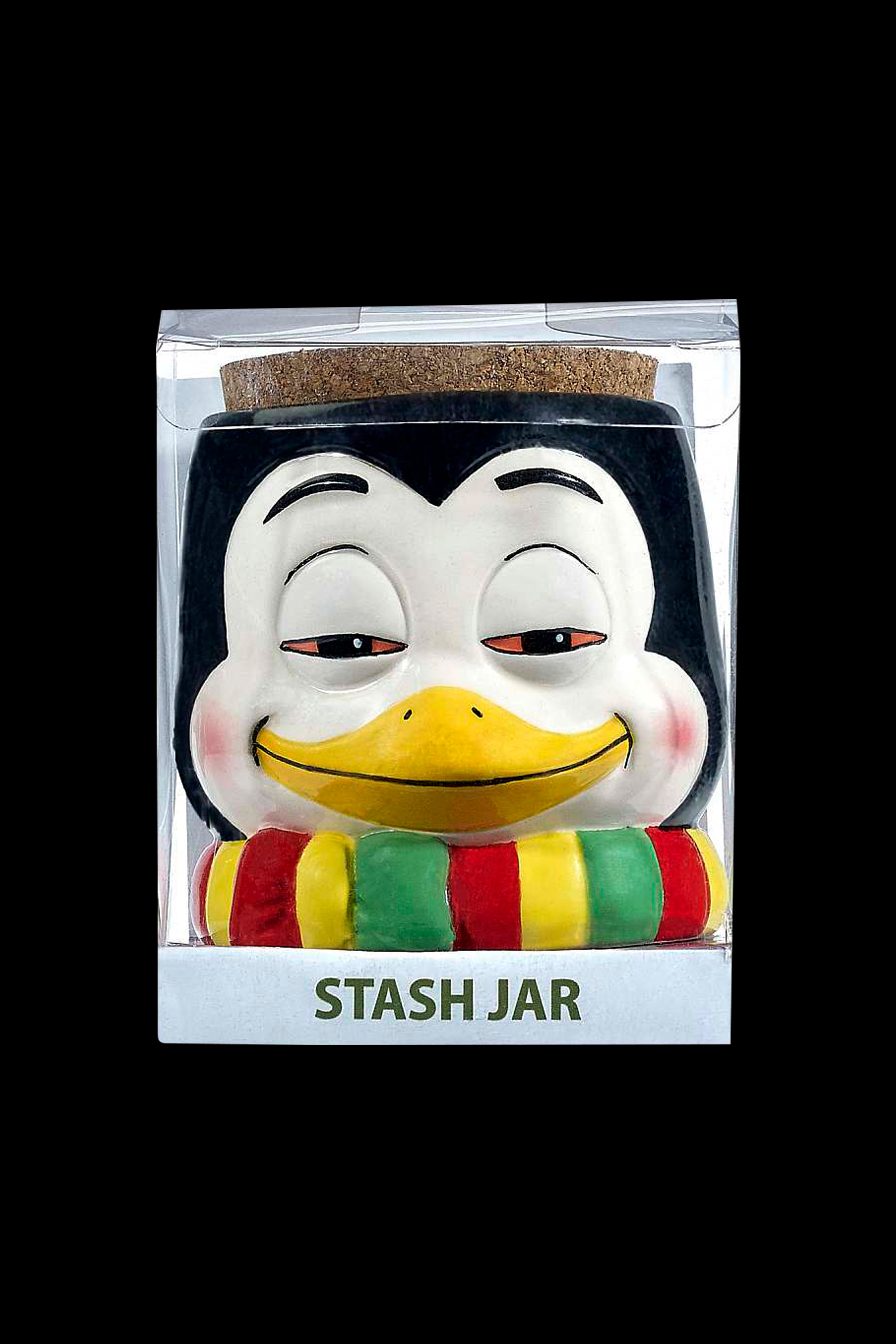 Penguin-shaped ceramic stash jar in packaging, labeled "STASH JAR".
