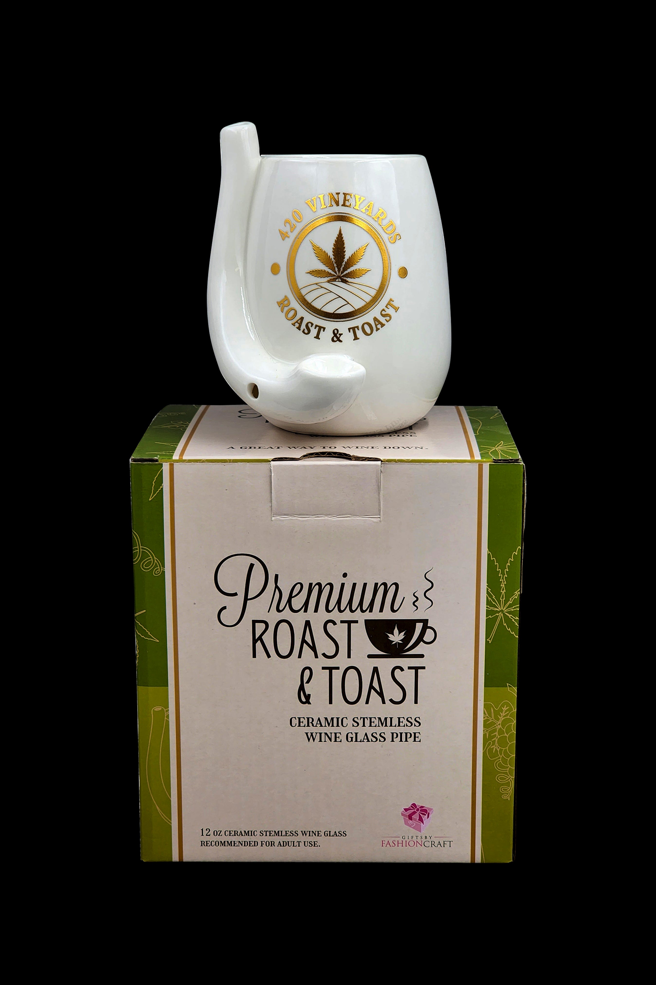 White ceramic “wine glass” shaped cannabis pipe with “Premium Roast & Toast” packaging.