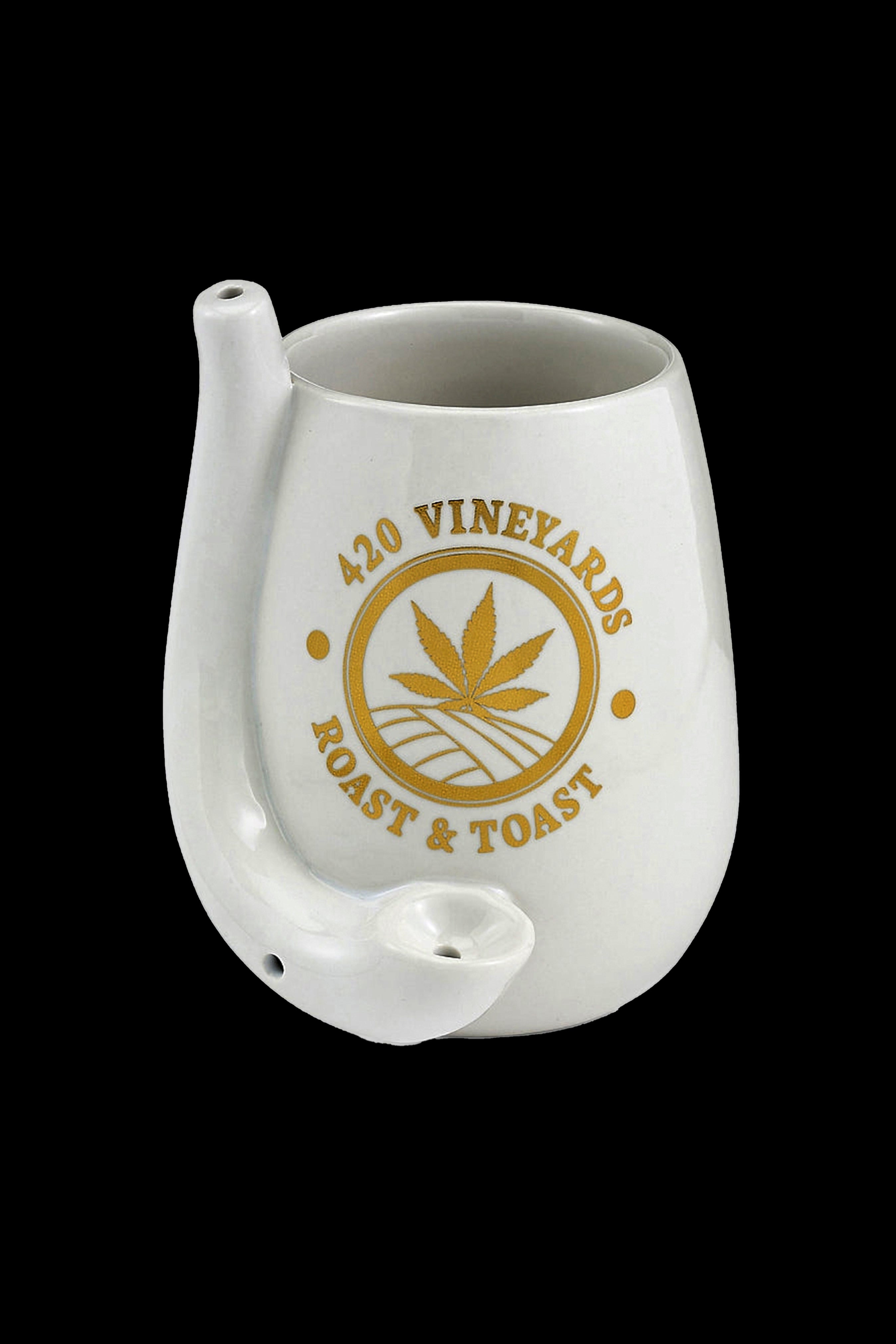 White ceramic oil cruet with a cannabis leaf logo reading "420 Vineyards Roast & Toast."