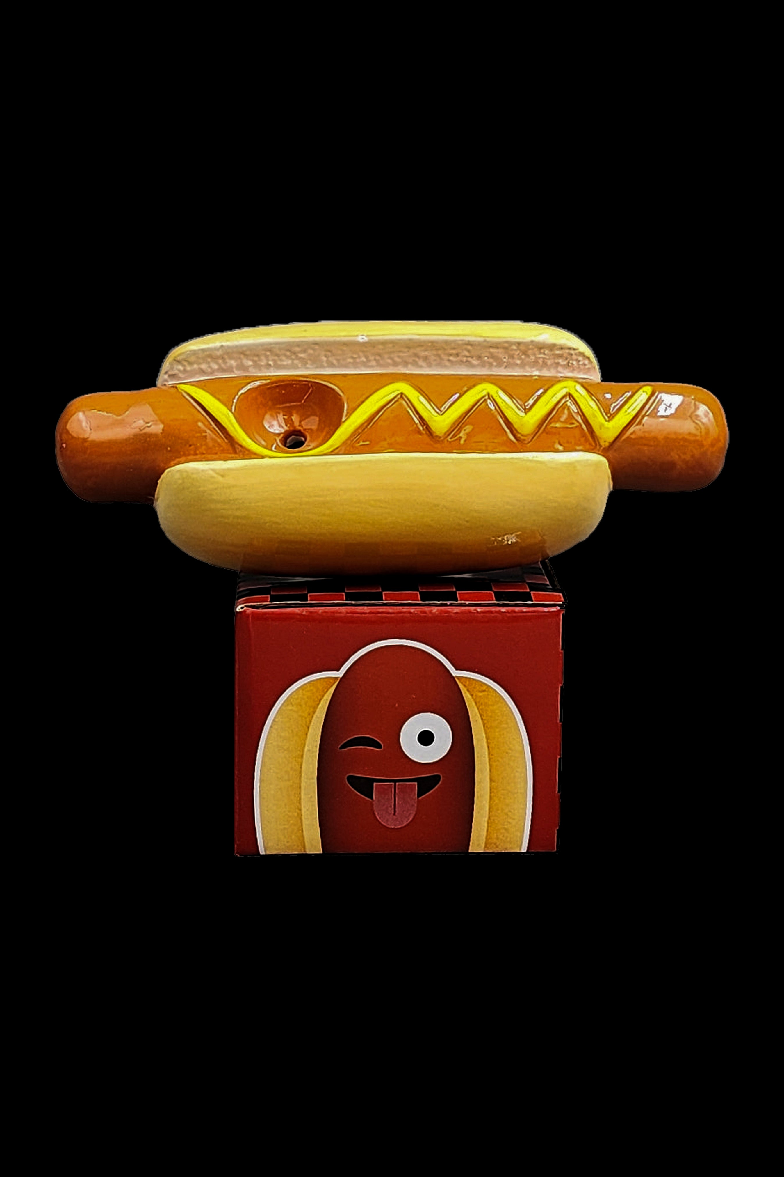 Hot dog shaped cannabis packaging box with a rolled joint resting on top.
