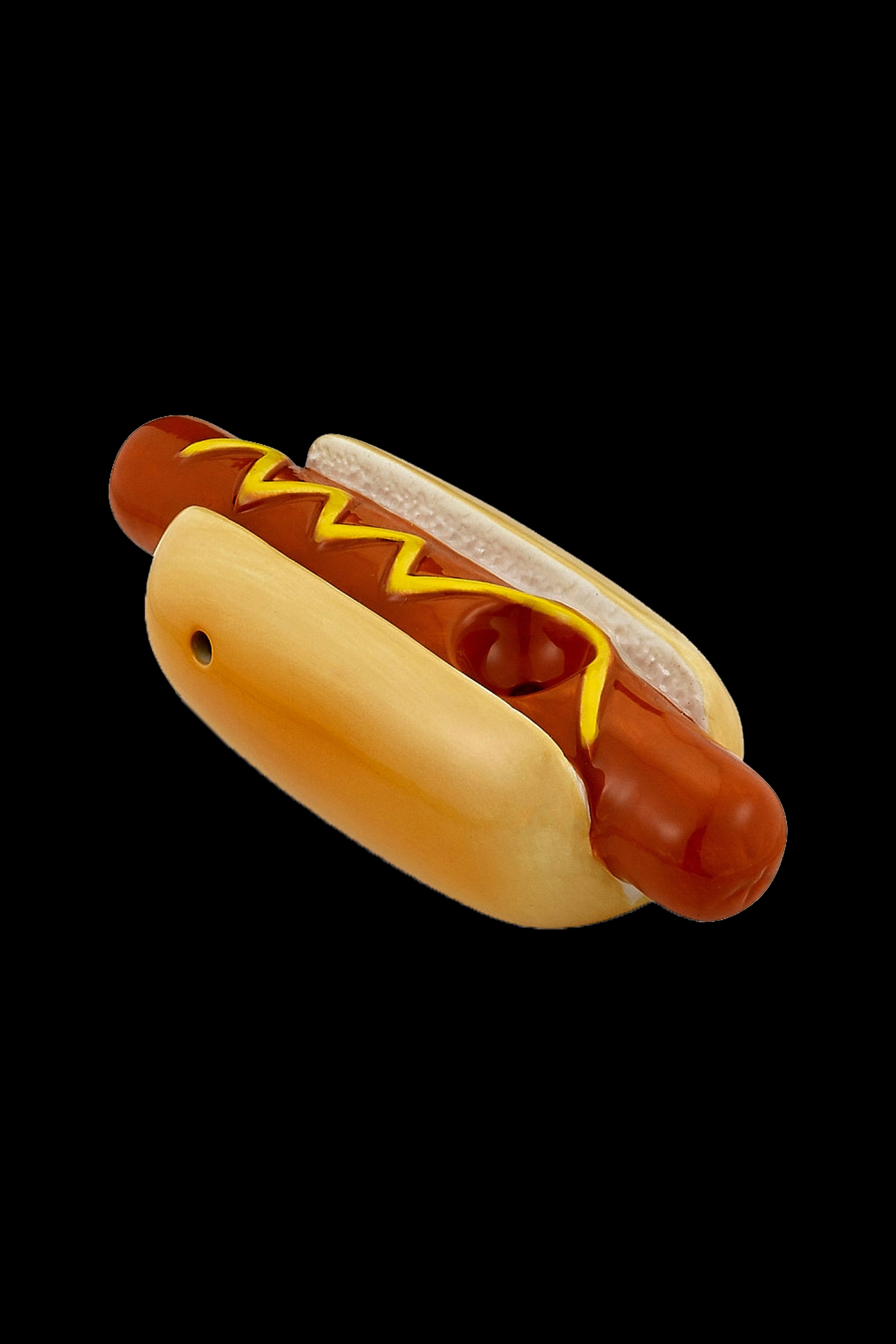 Glass hot dog-shaped smoking pipe with yellow mustard detail.