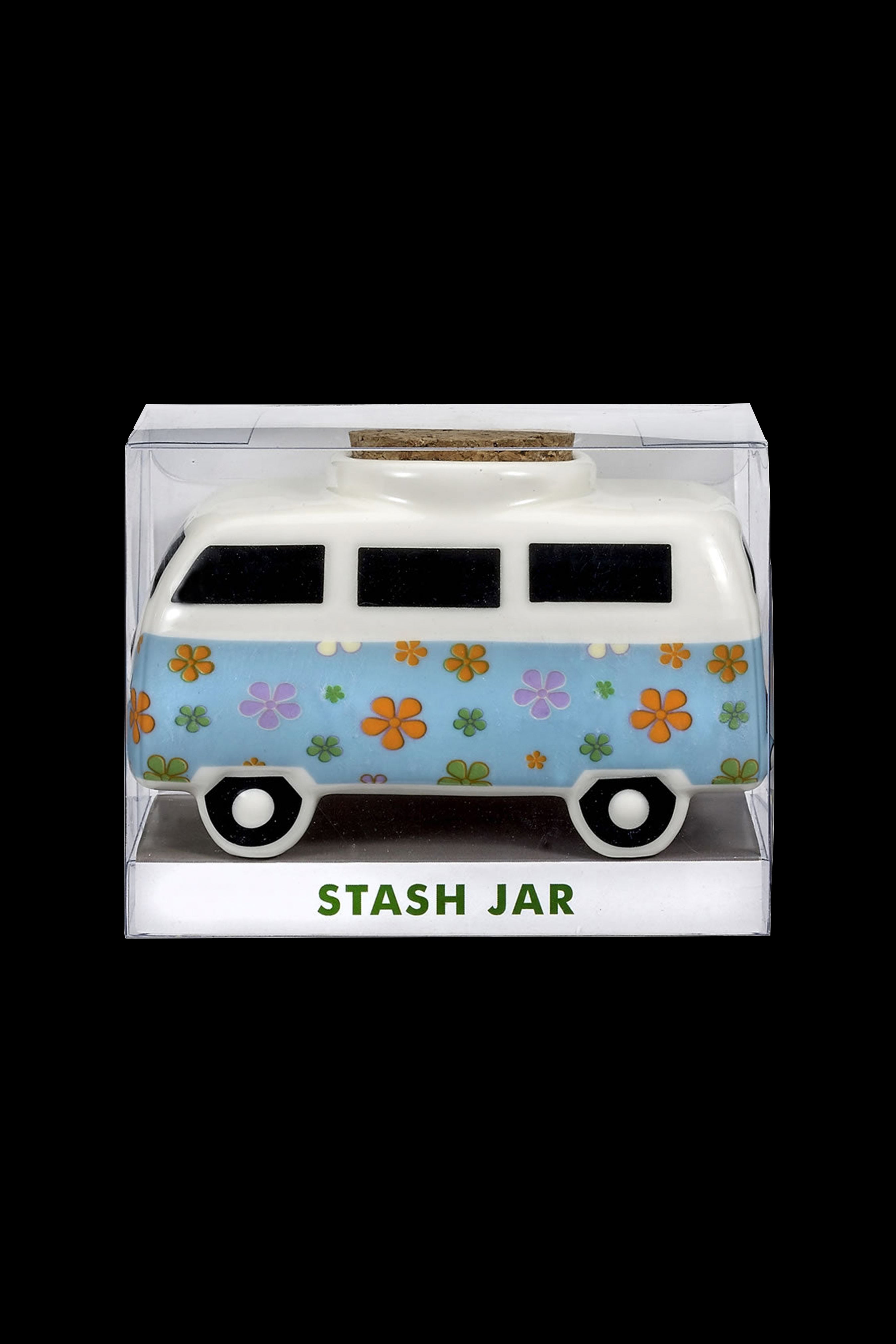 Retro-style stash jar shaped like a vintage van with floral details. <start_of_image>