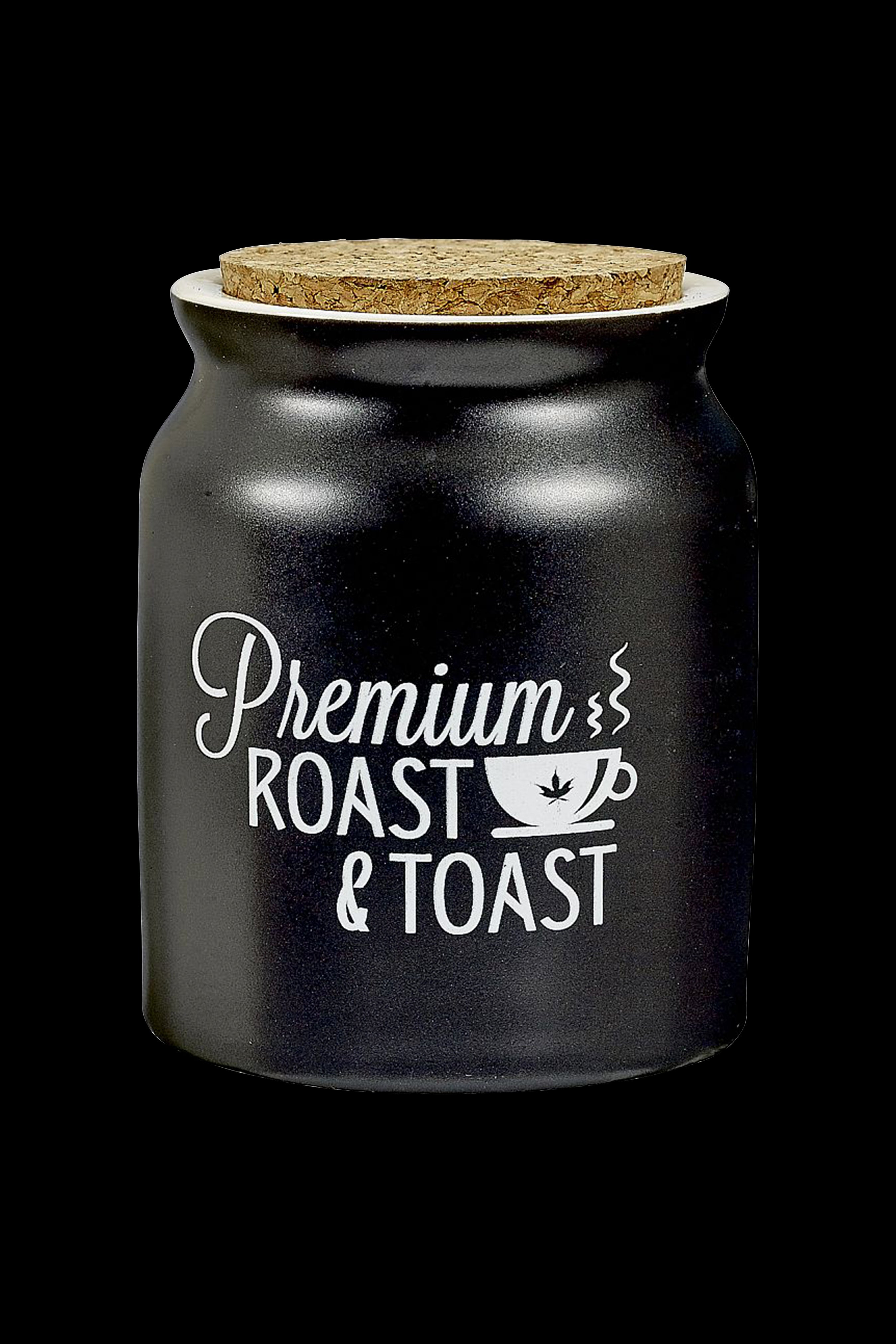 Black storage jar with cork lid and white text reading “Premium Roast & Toast” featuring cannabis leaf graphics.