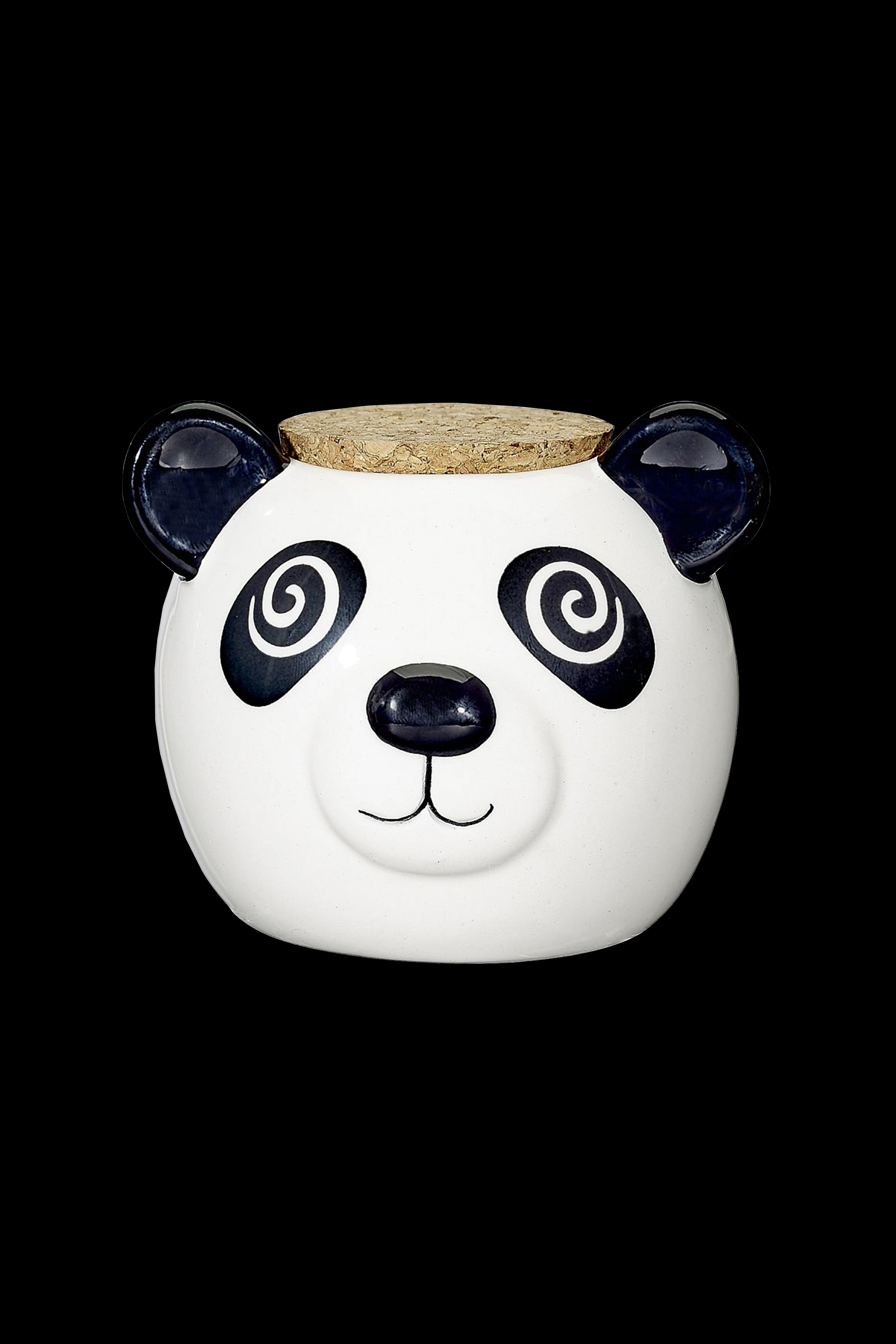 White ceramic jar shaped like a panda with a cork lid, likely for cannabis storage.