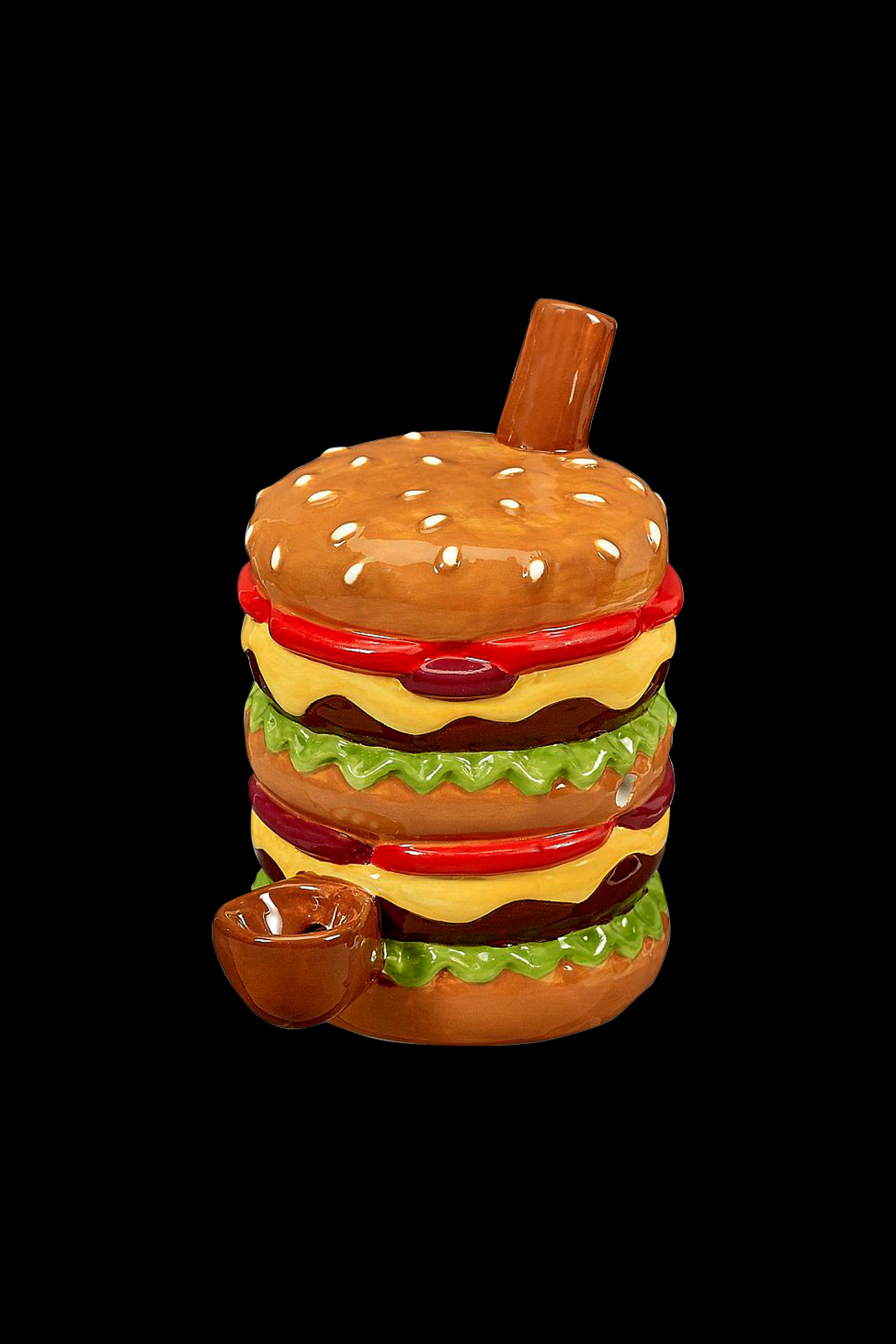 Glass cannabis water pipe shaped like a stacked hamburger.