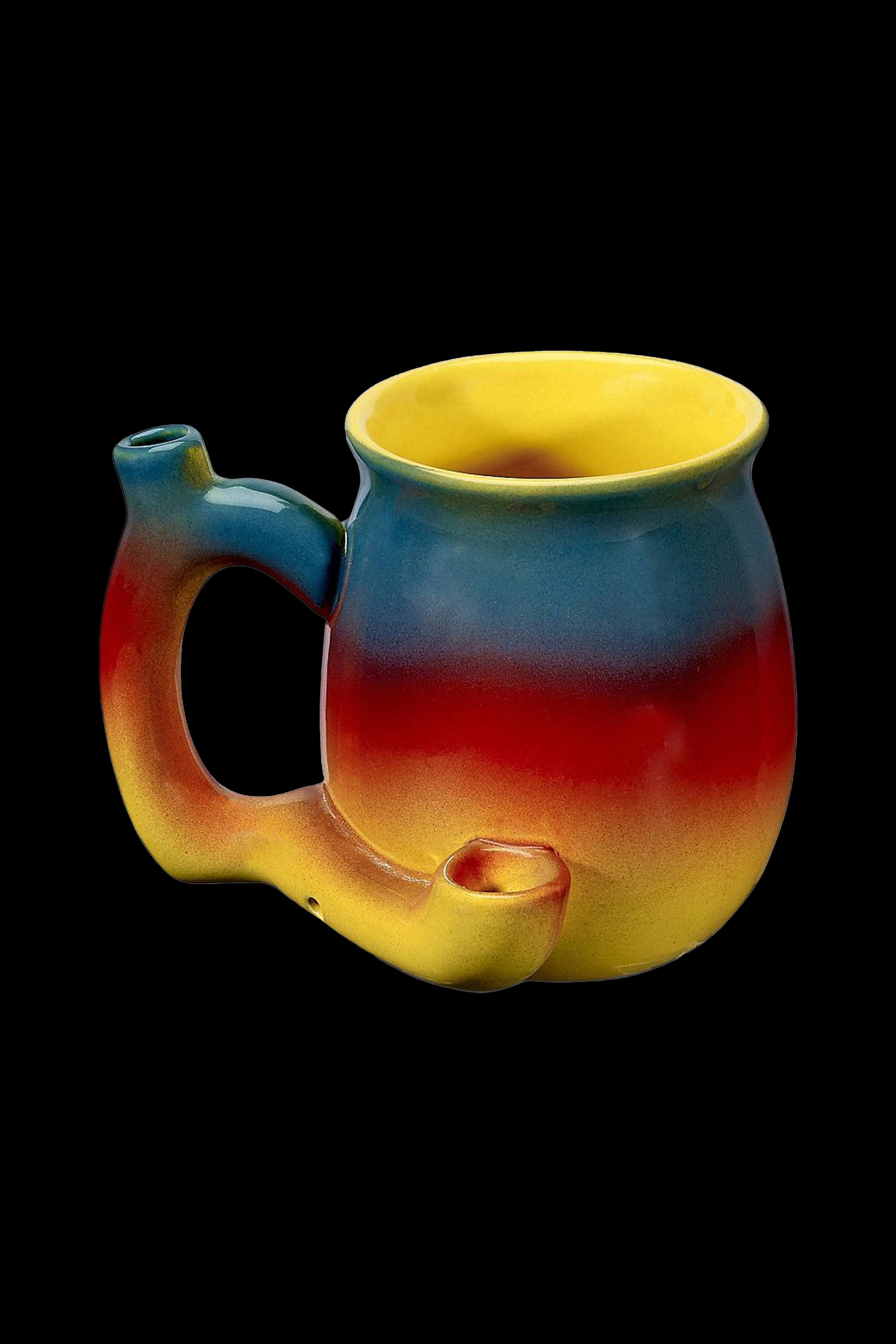 Ceramic water pipe resembling a colorful, rounded mug with a side-mounted bowl and mouthpiece.
