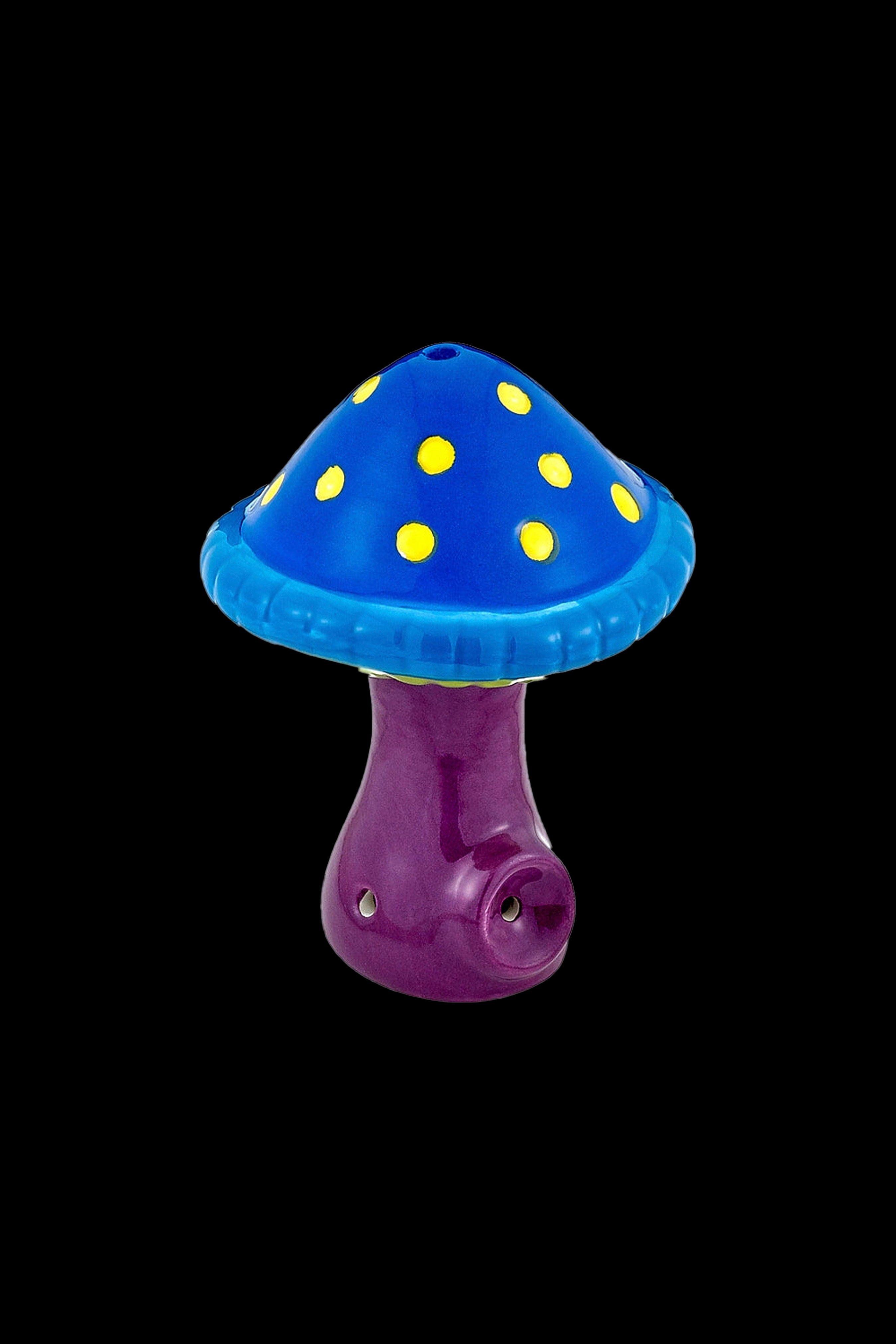 Blue and purple mushroom-shaped glass pipe isolated on a black background.