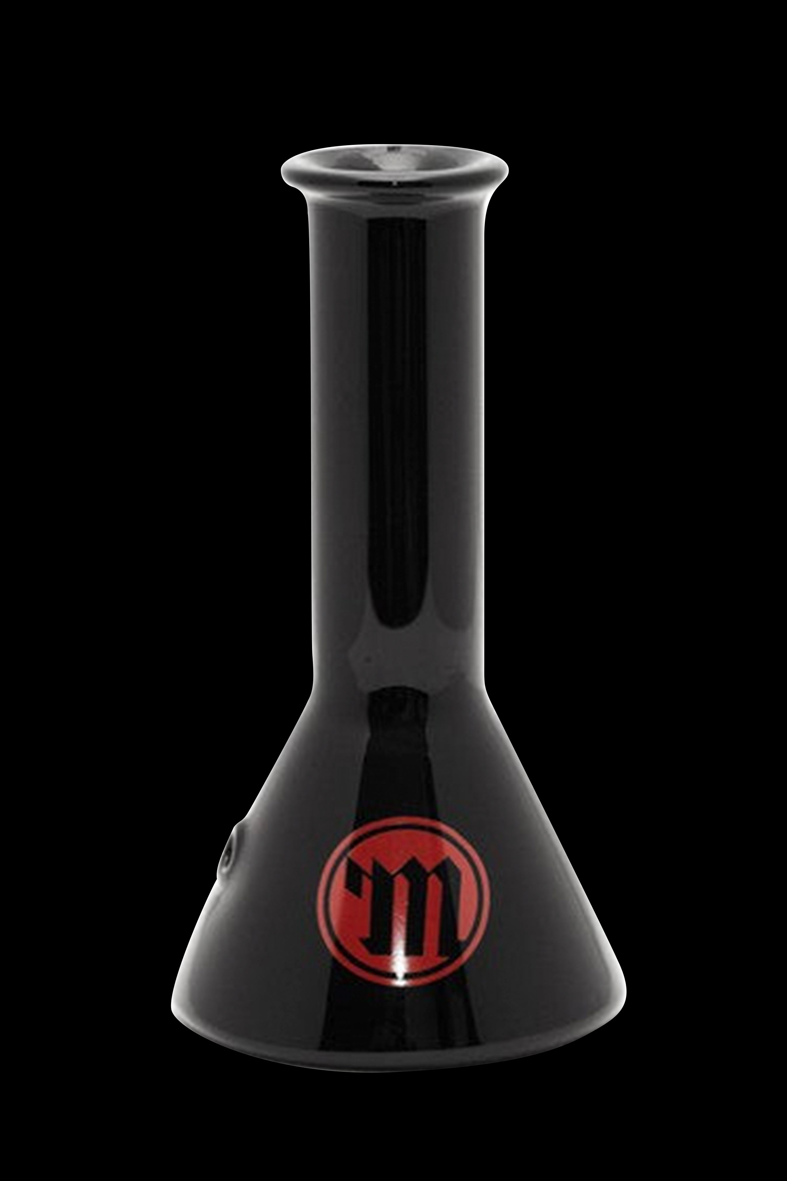 Black glass beaker with red “m” logo.