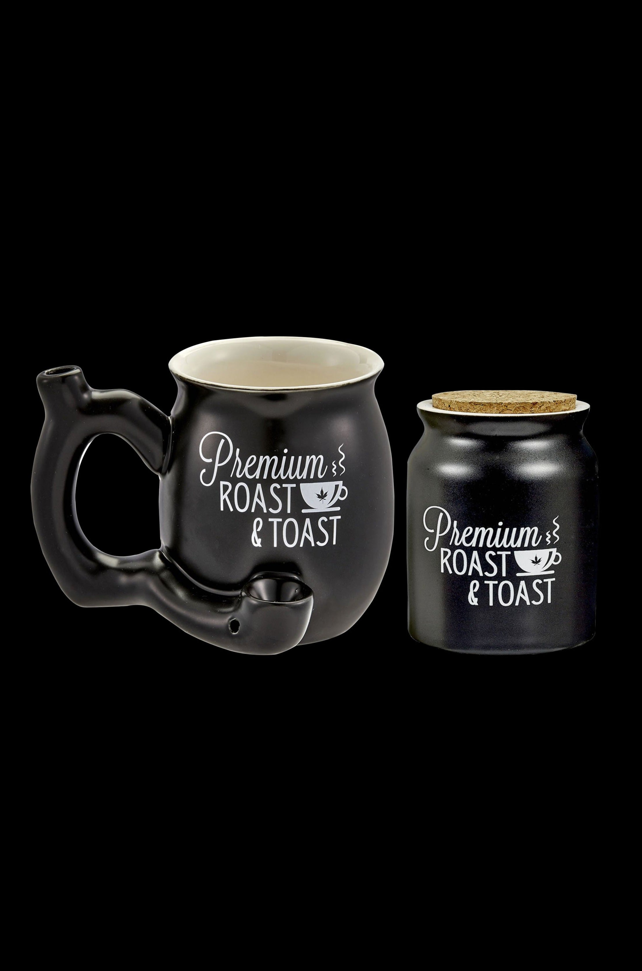 Black ceramic cannabis mug with a built-in pipe bowl and matching airtight storage jar labeled “Premium Roast & Toast.”