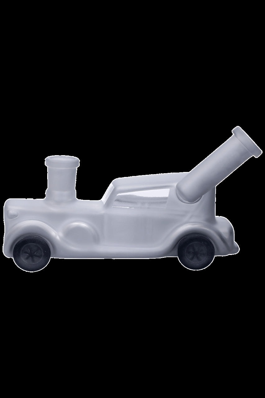 Frosted glass water pipe shaped like a classic car with black wheels.